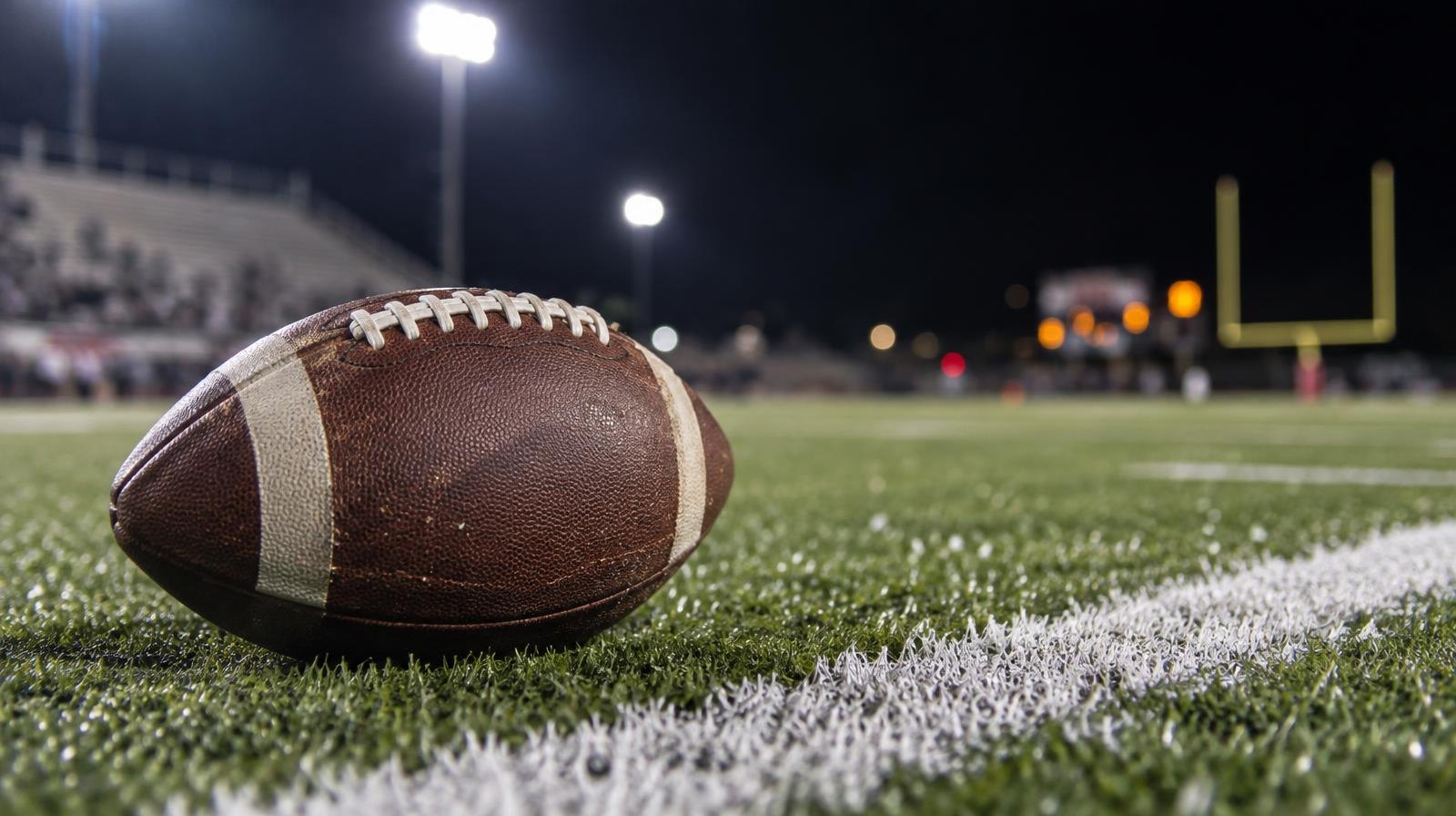 An American football resting on green artificial turf beside a white yard line at night.