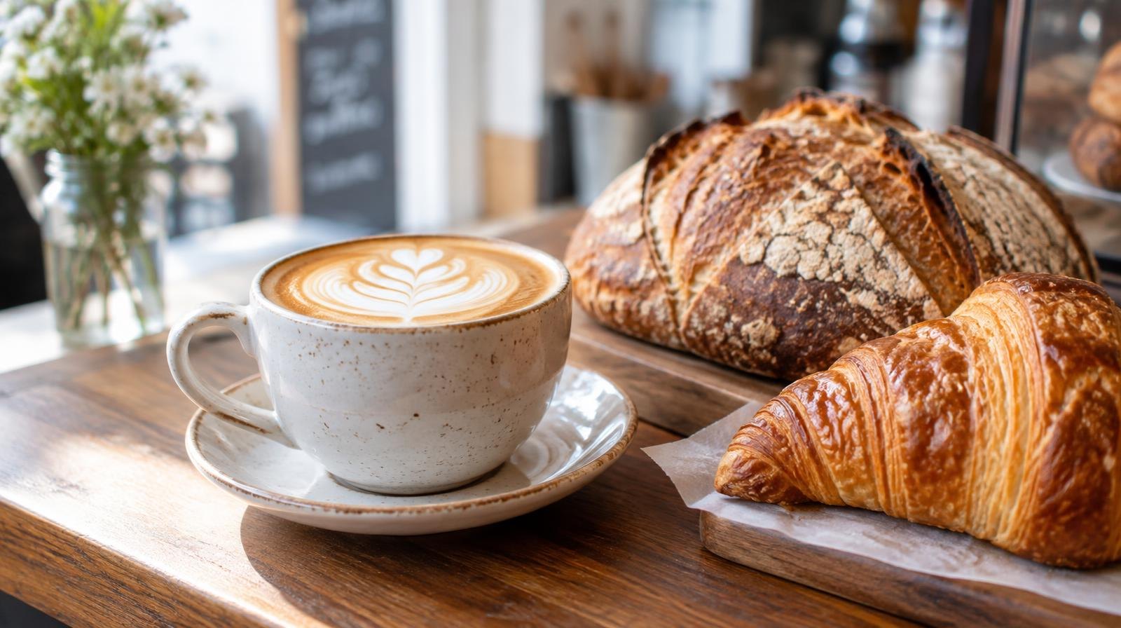 A latte with latte art beside a sourdough loaf and croissant on a wooden counter.