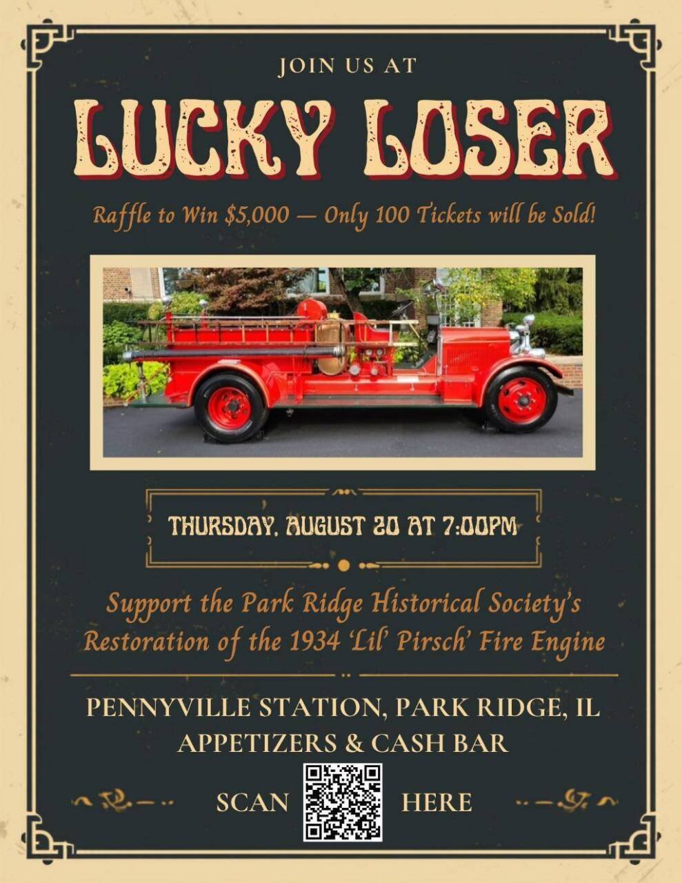 Event flyer for a Lucky Loser raffle featuring a vintage red fire engine.