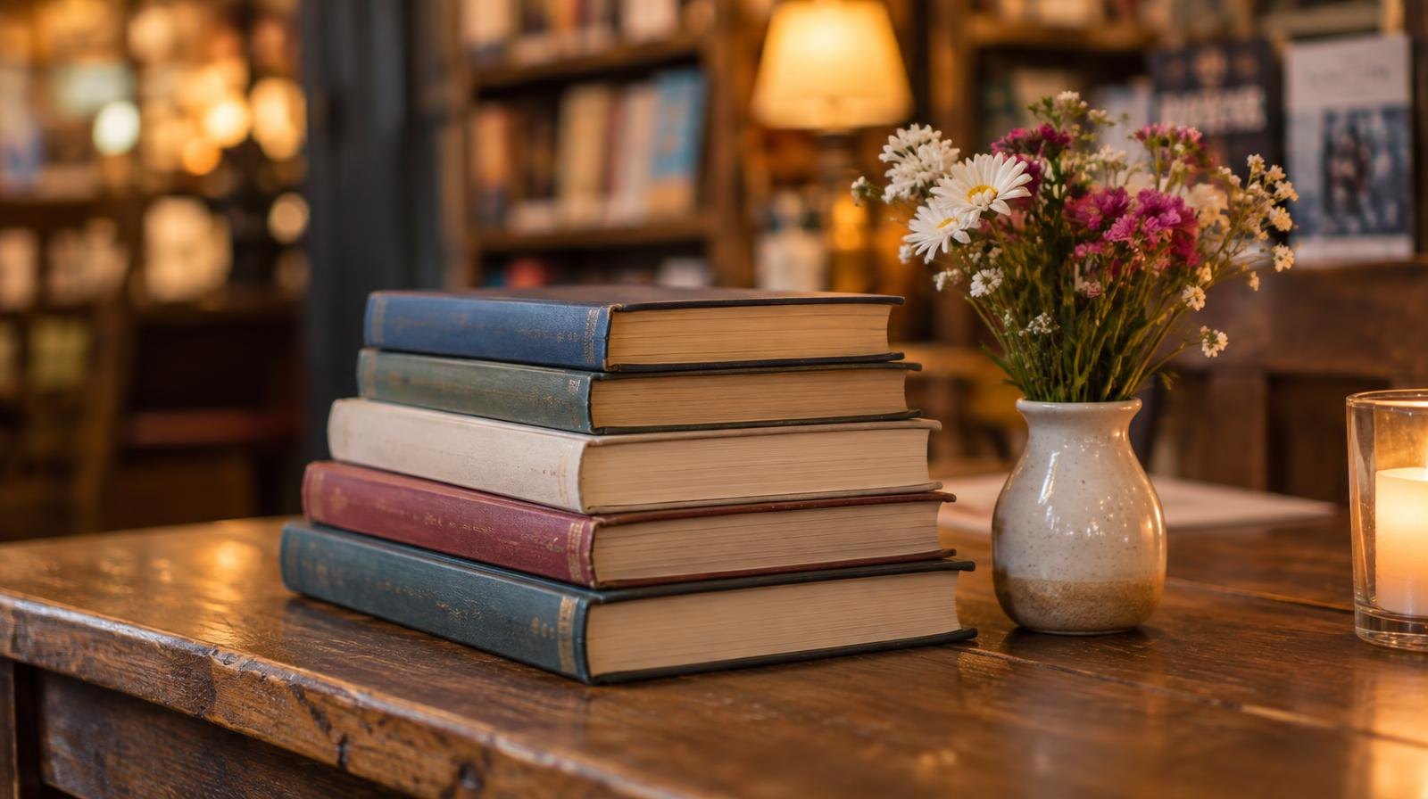 Stack of hardcover books on a wooden table with warm ambient lighting.