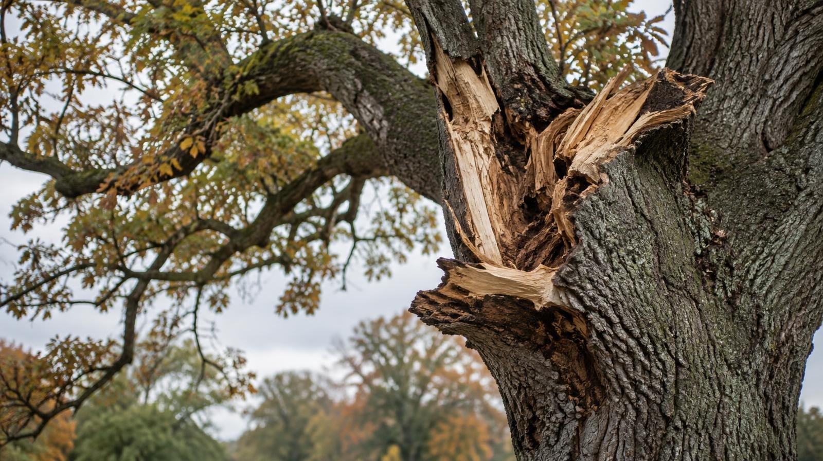 Large ancient oak tree with storm damage and a raw wound on the trunk.