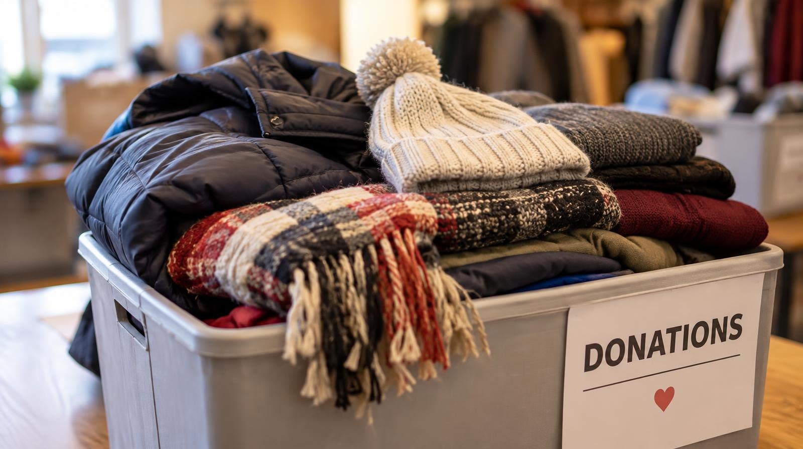 Folded winter coats, scarves, and knit hats stacked inside a donation bin.