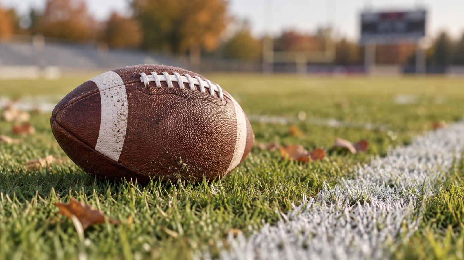 An American football resting on green grass next to a white yard line.