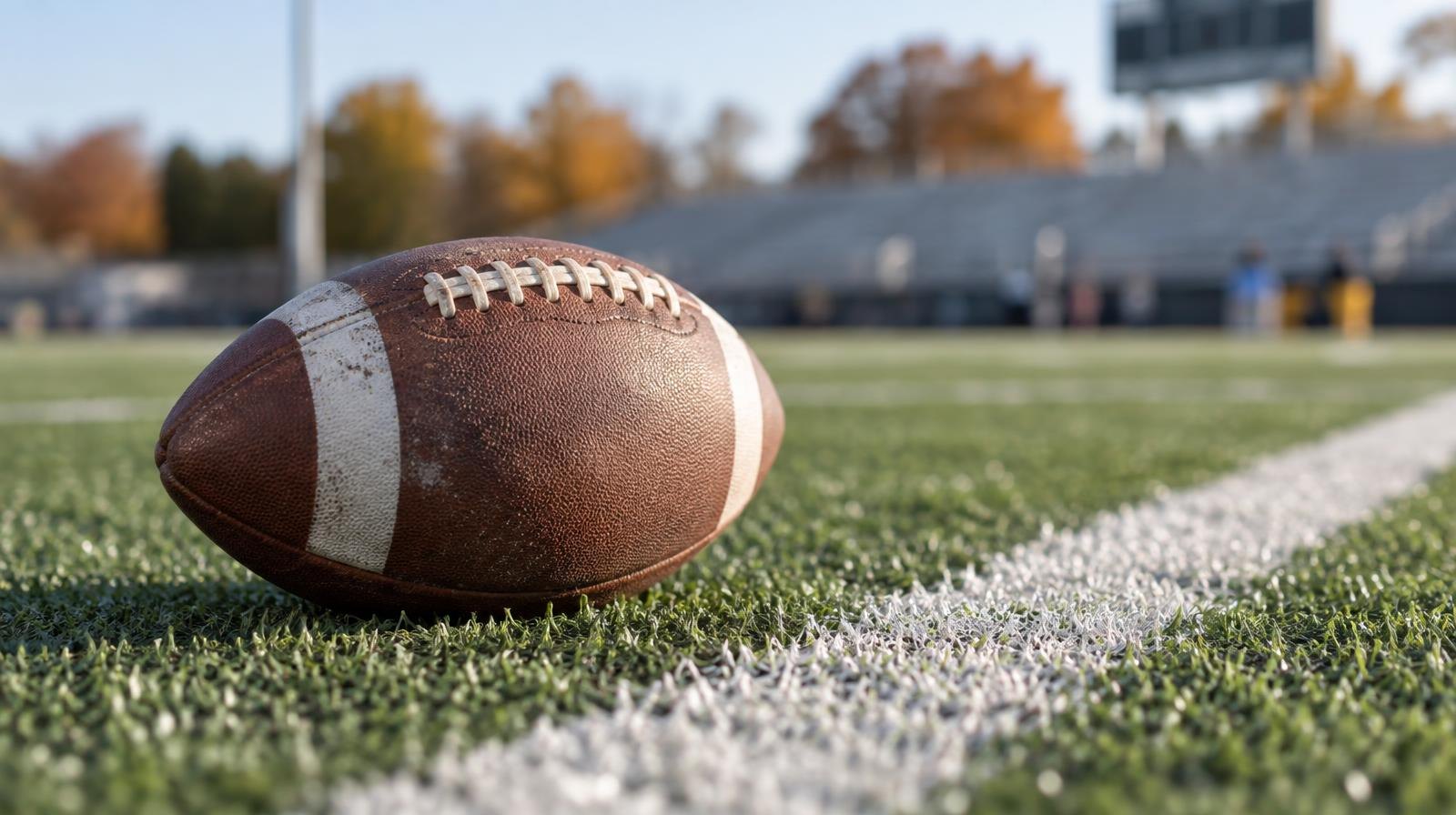 An American football resting on green artificial turf beside a white yard line.