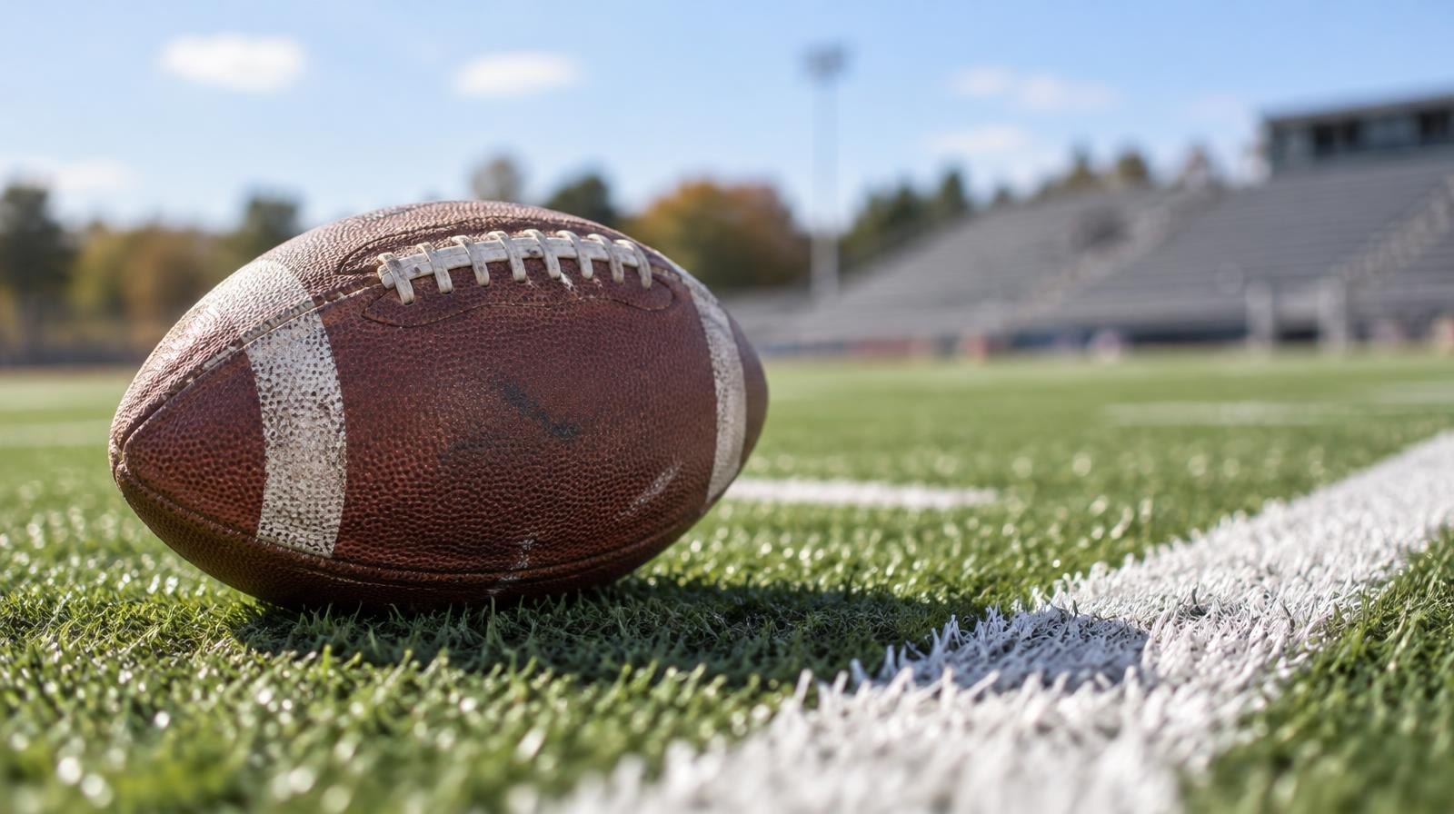 An American football resting on green turf beside a white yard line