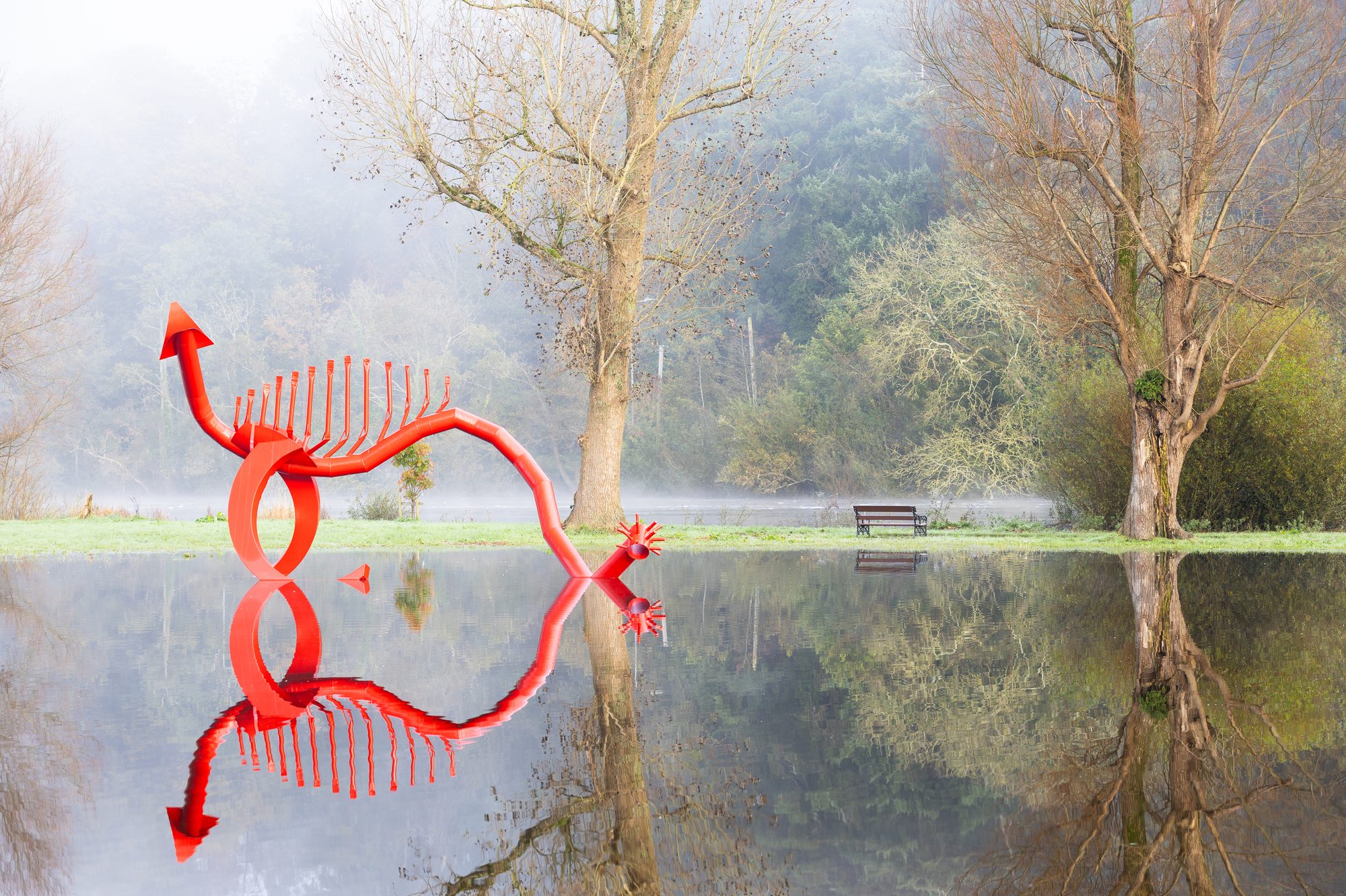 Jim Buckley’s Red Dragon scuplture from 1985 during River Lee flooding, October 2023