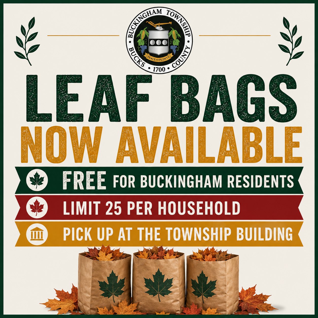 Flyer announcing free leaf bags available at a township building, with illustrated paper bags and autumn leaves.