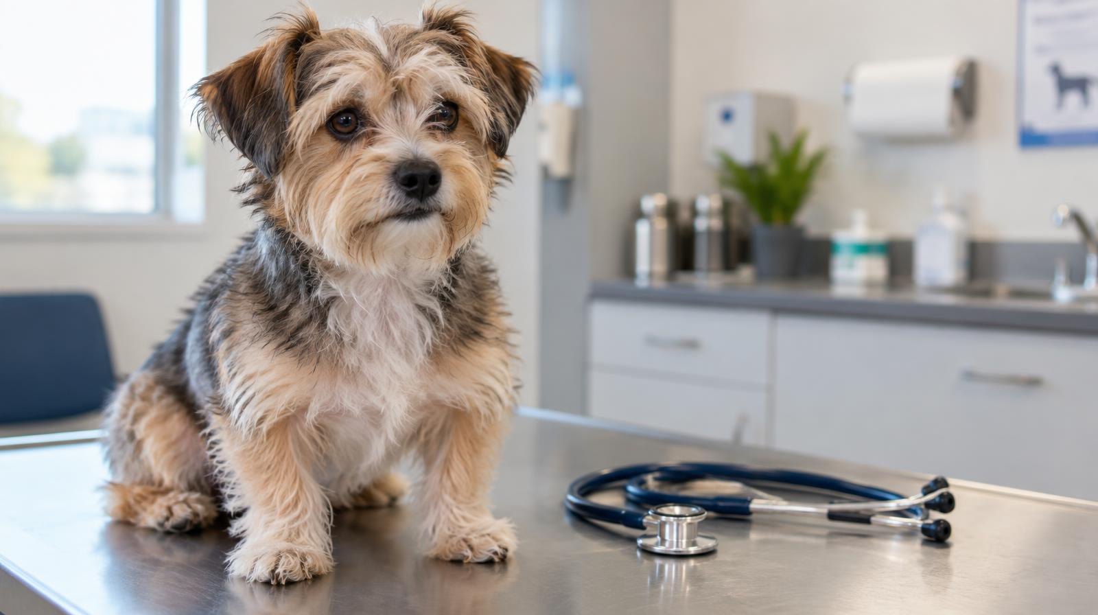 Small dog sitting on a stainless steel veterinary exam table with a stethoscope nearby.