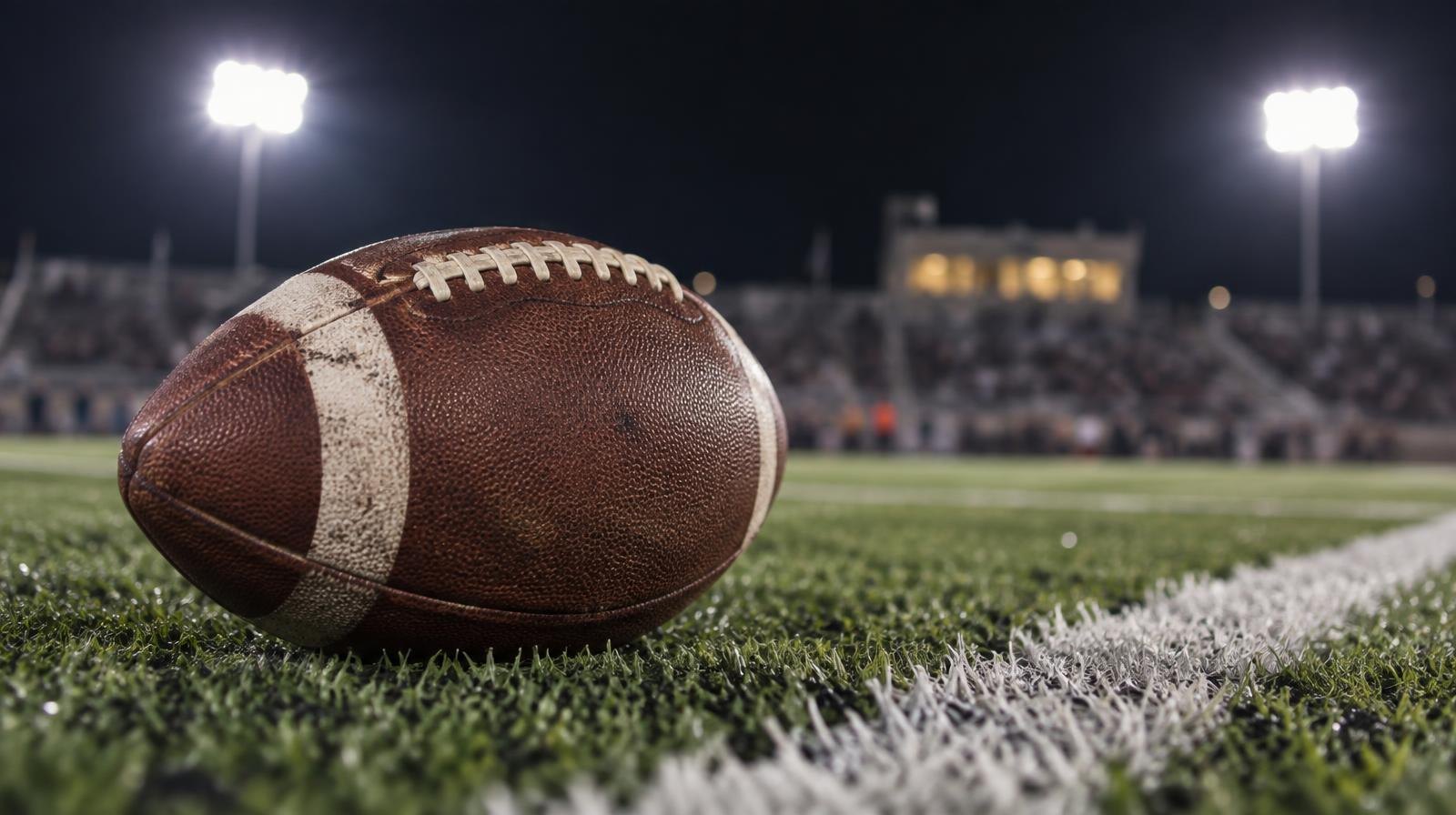 An American football resting on green artificial turf beside a white yard line.