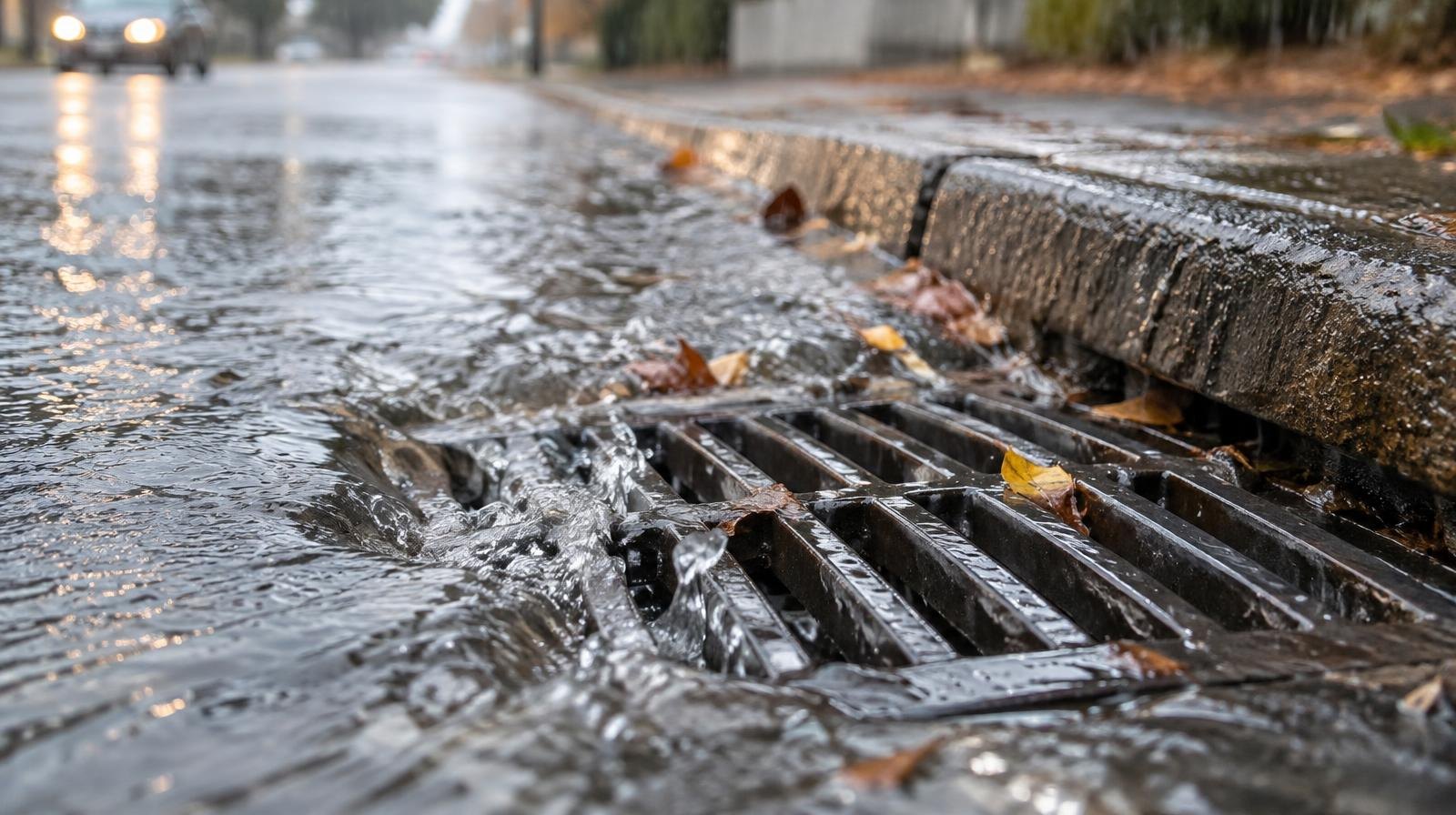 Heavy rain falls on a wet street as water rushes into a storm drain grate.
