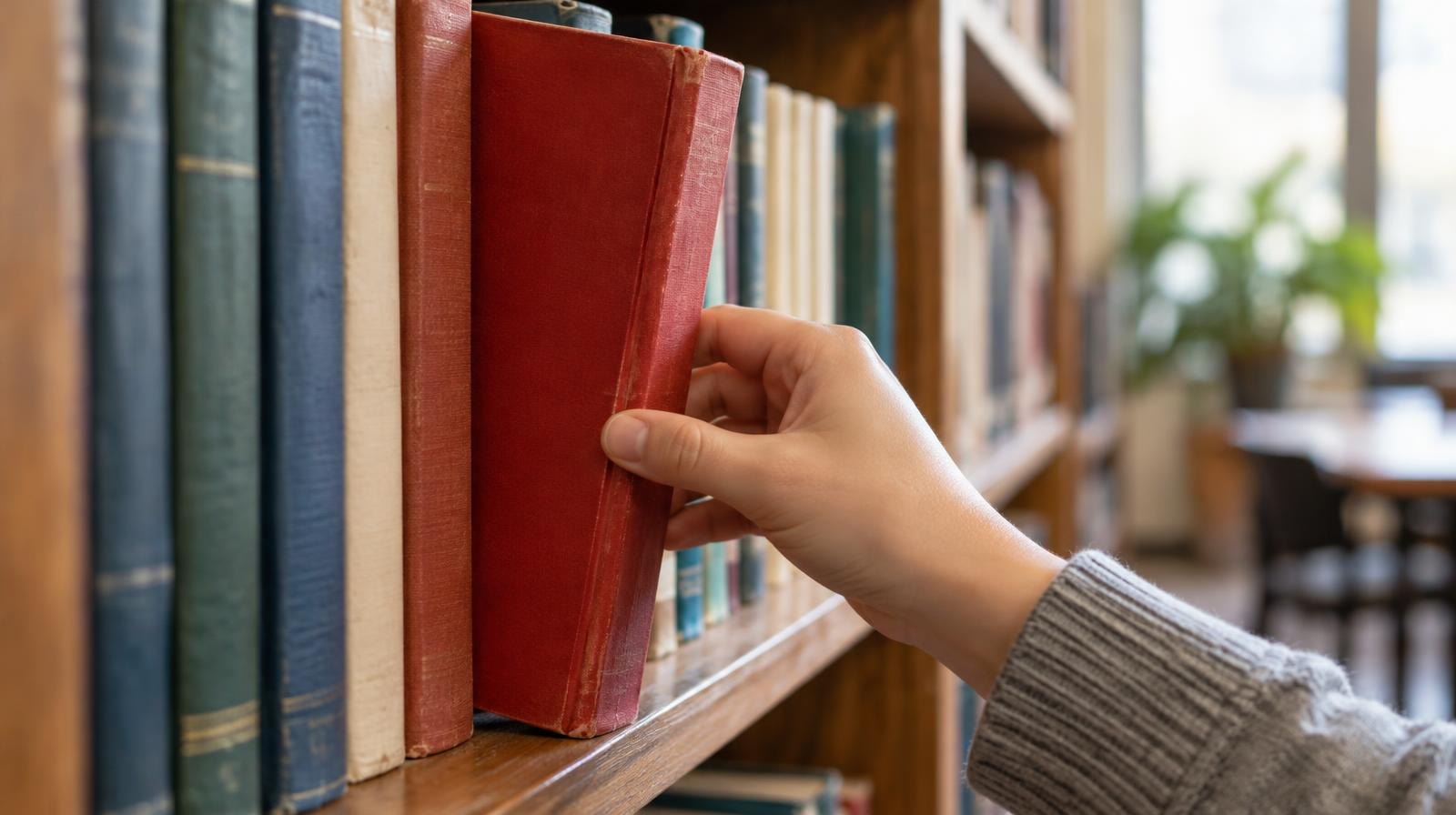 Colorful books upright on a wooden library shelf, one pulled slightly forward.