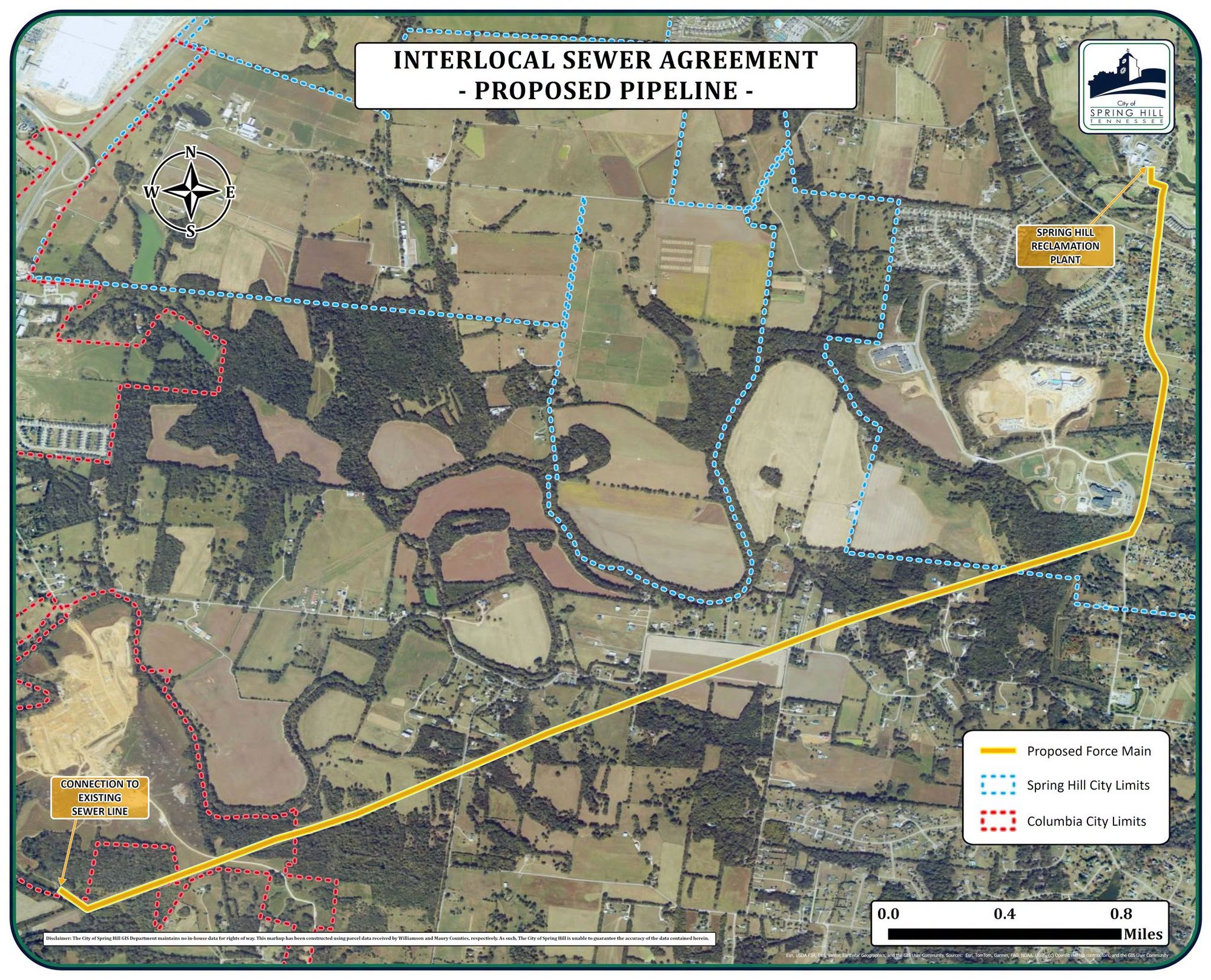 Map showing proposed sewer pipeline route between two Tennessee cities.