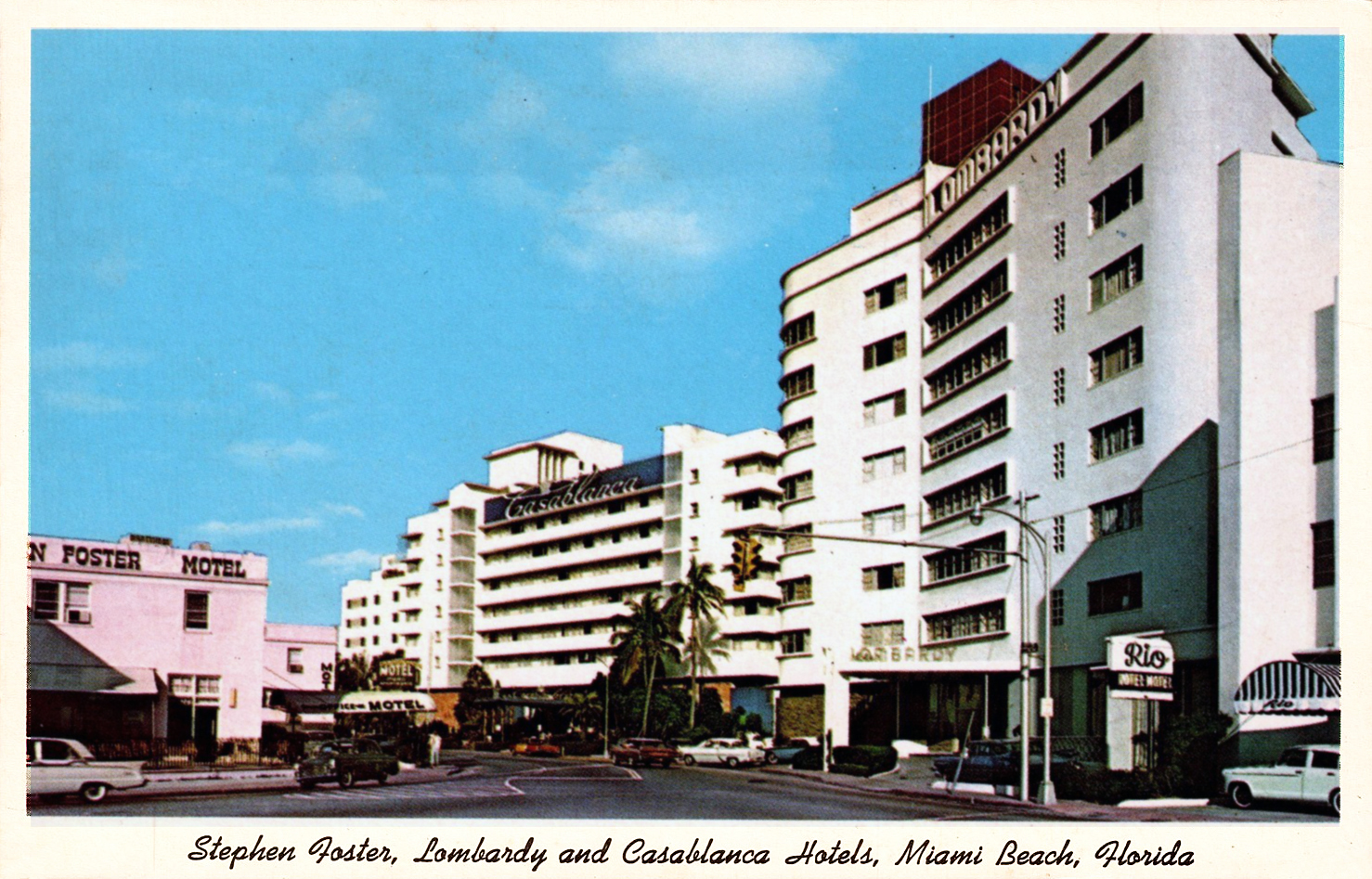 Vintage postcard of the Casablanca Hotel and neighboring hotels on Collins Avenue.