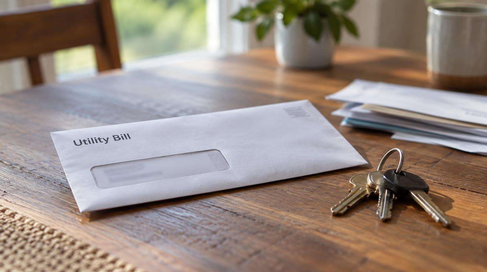 A utility bill envelope and house keys on a wooden table.