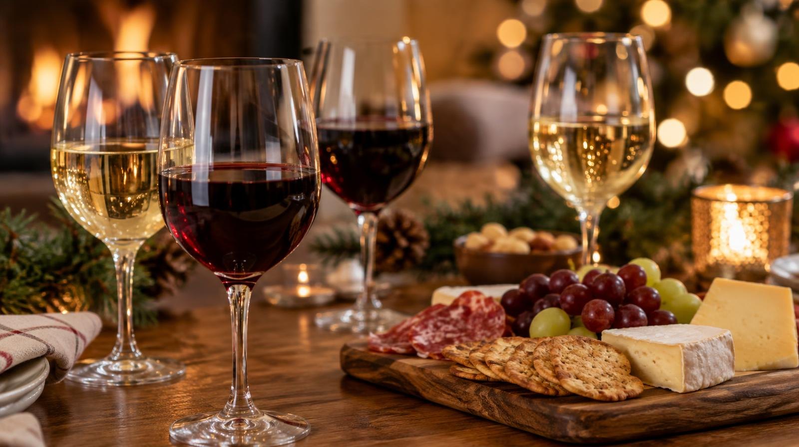 Red and white wine glasses beside a charcuterie board on a wooden table.