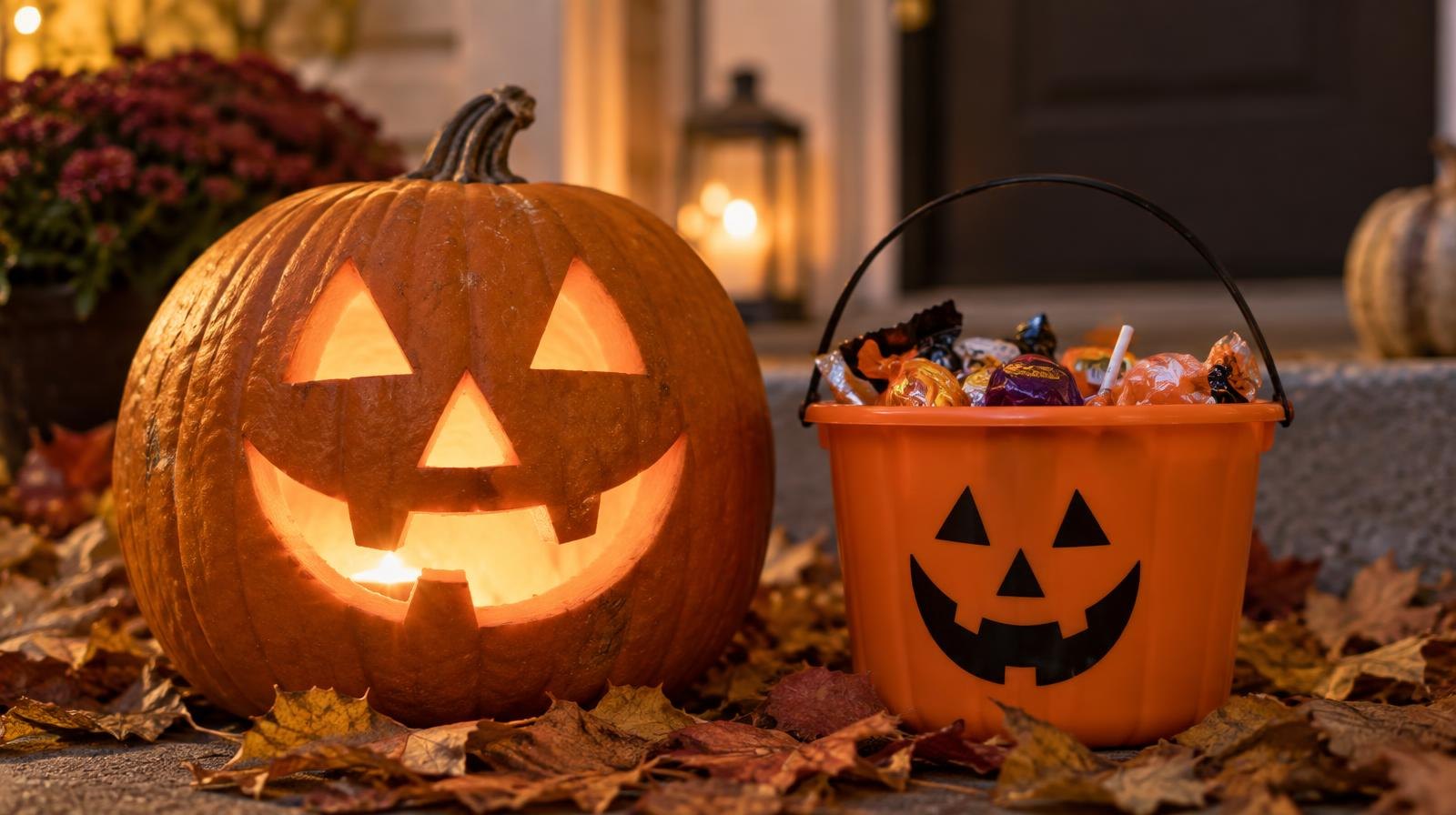 A glowing carved pumpkin beside a bucket of wrapped Halloween candy on autumn leaves.