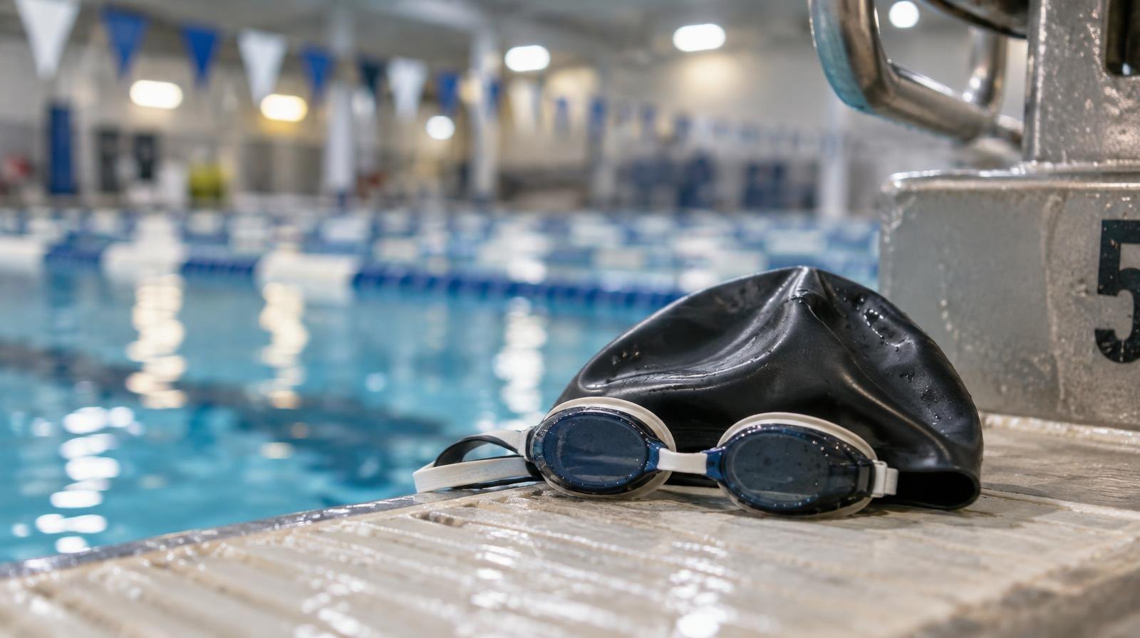 Swim goggles and a cap resting on a pool lane line beside a starting block.