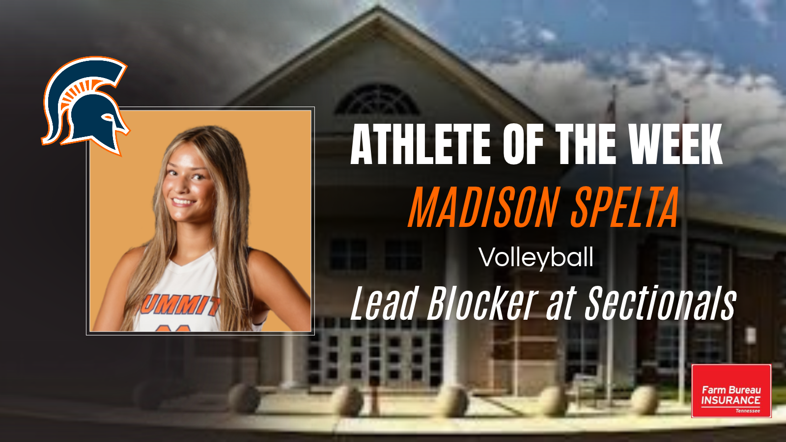 Promotional graphic naming a volleyball player as Athlete of the Week with a sponsor badge.