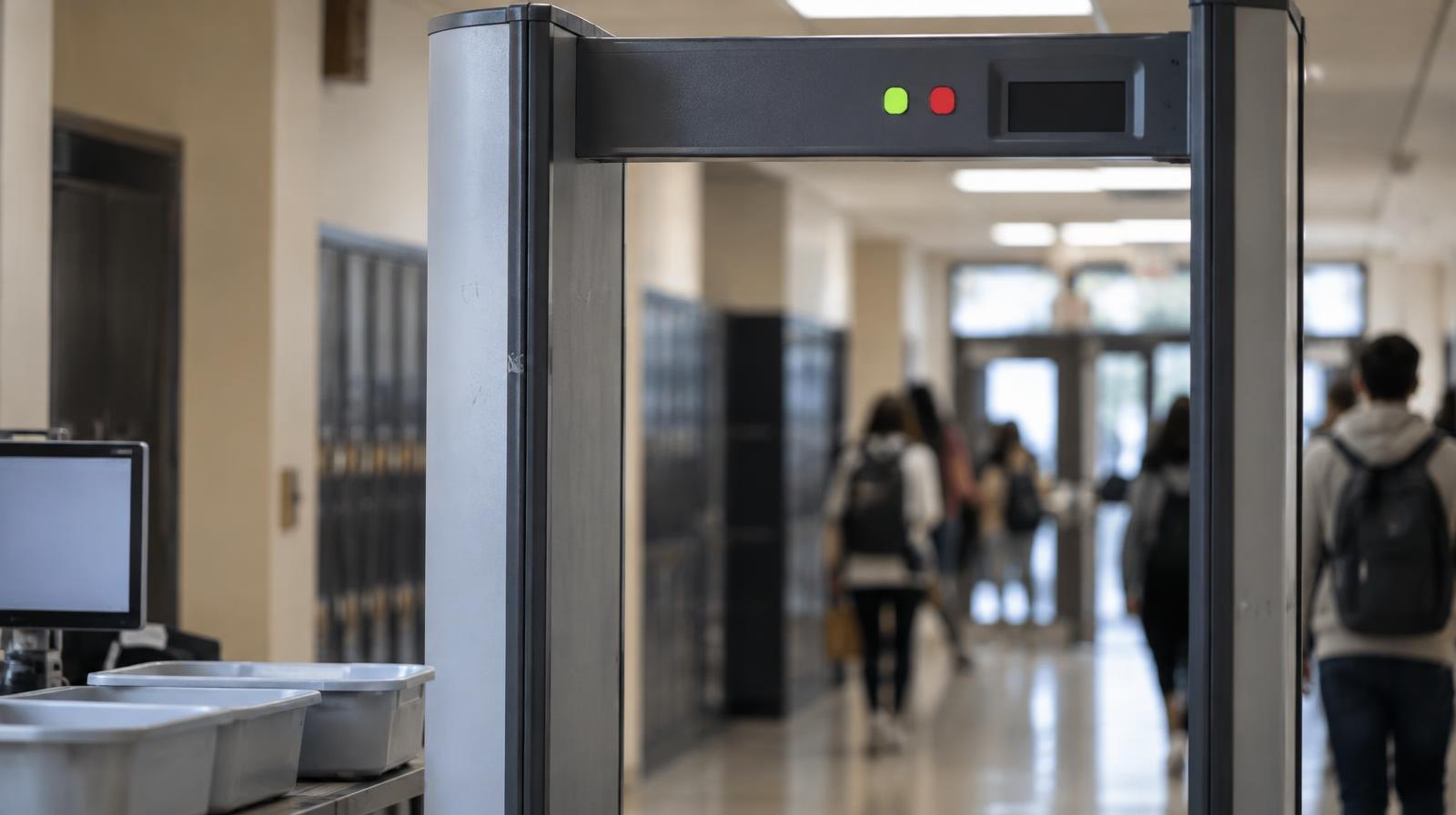A walk-through security scanner portal in an institutional hallway entrance.