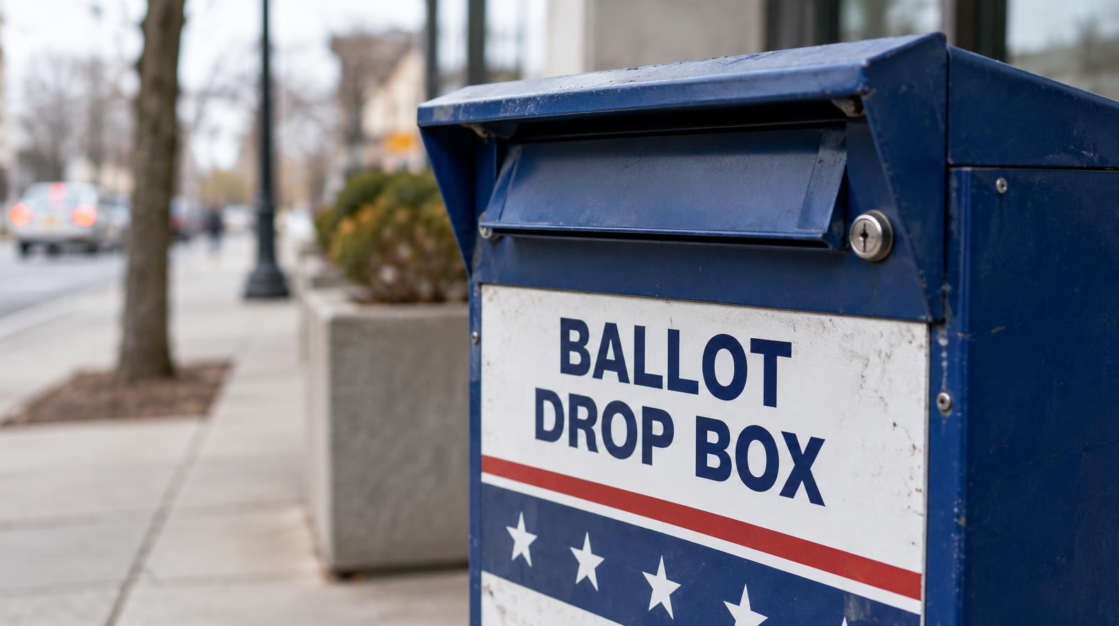 A government ballot drop box secured with a lock on an outdoor sidewalk.