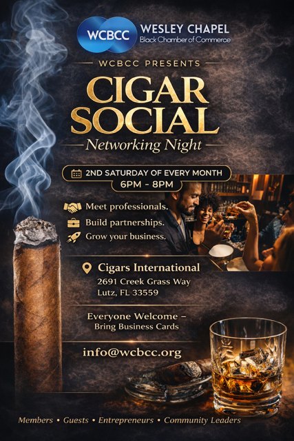 Event flyer showing a lit cigar and glass of whiskey with event details.
