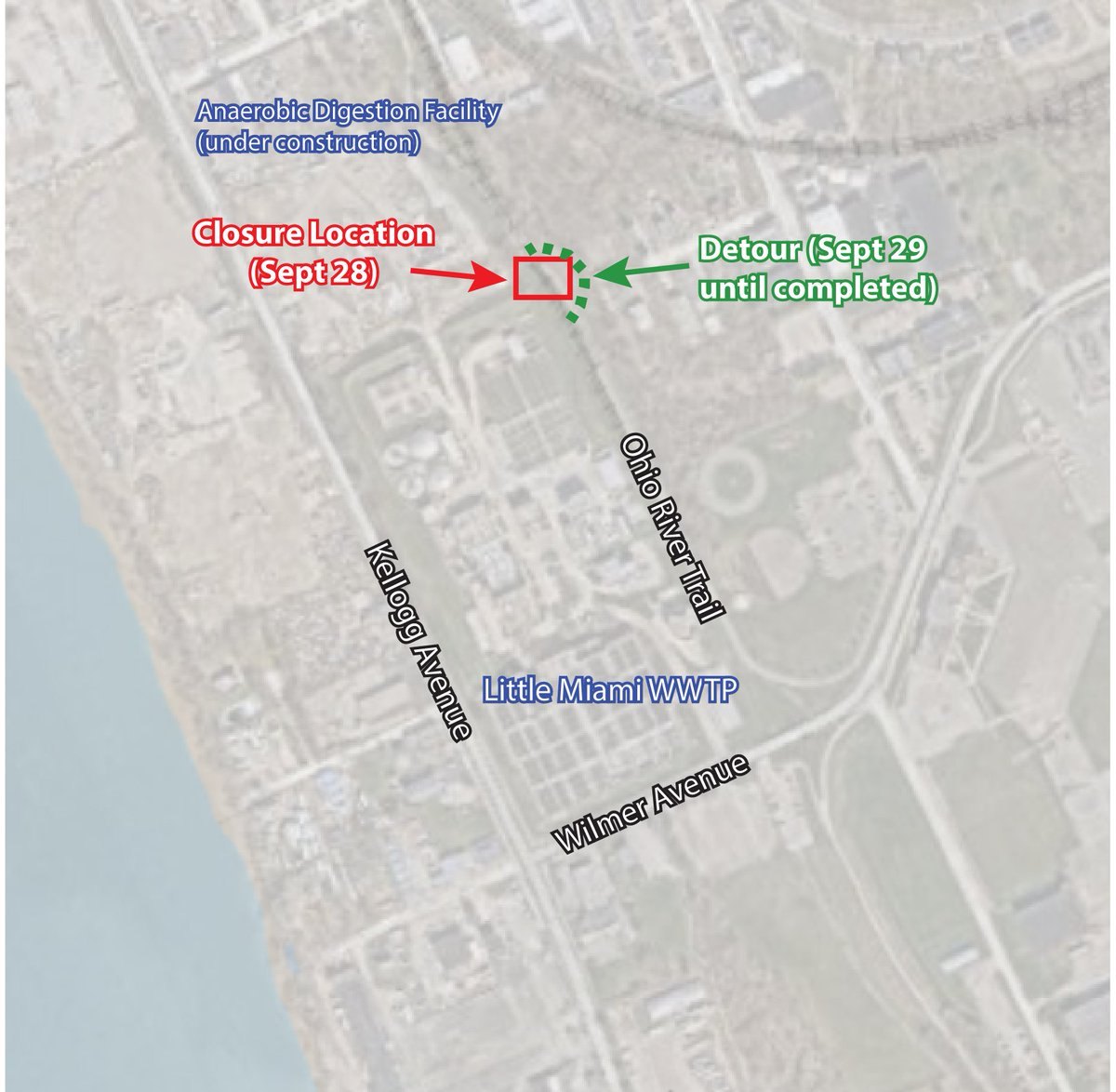 Aerial map marking a trail closure and detour near a wastewater treatment plant.