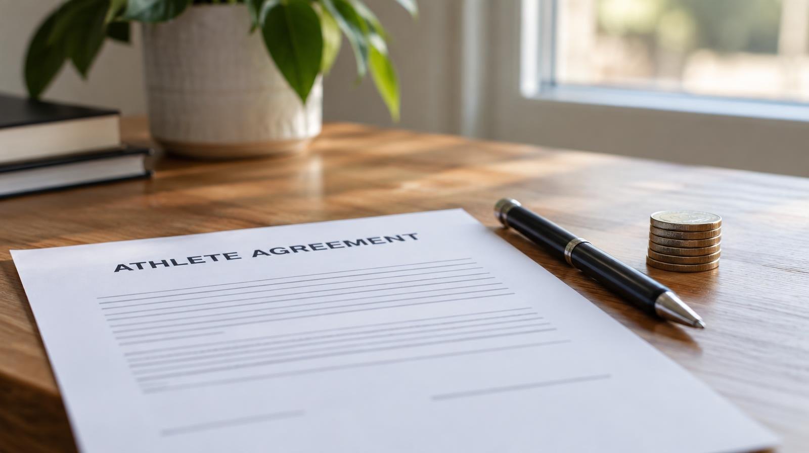 A pen, coins, and a document resting on a wooden desk.