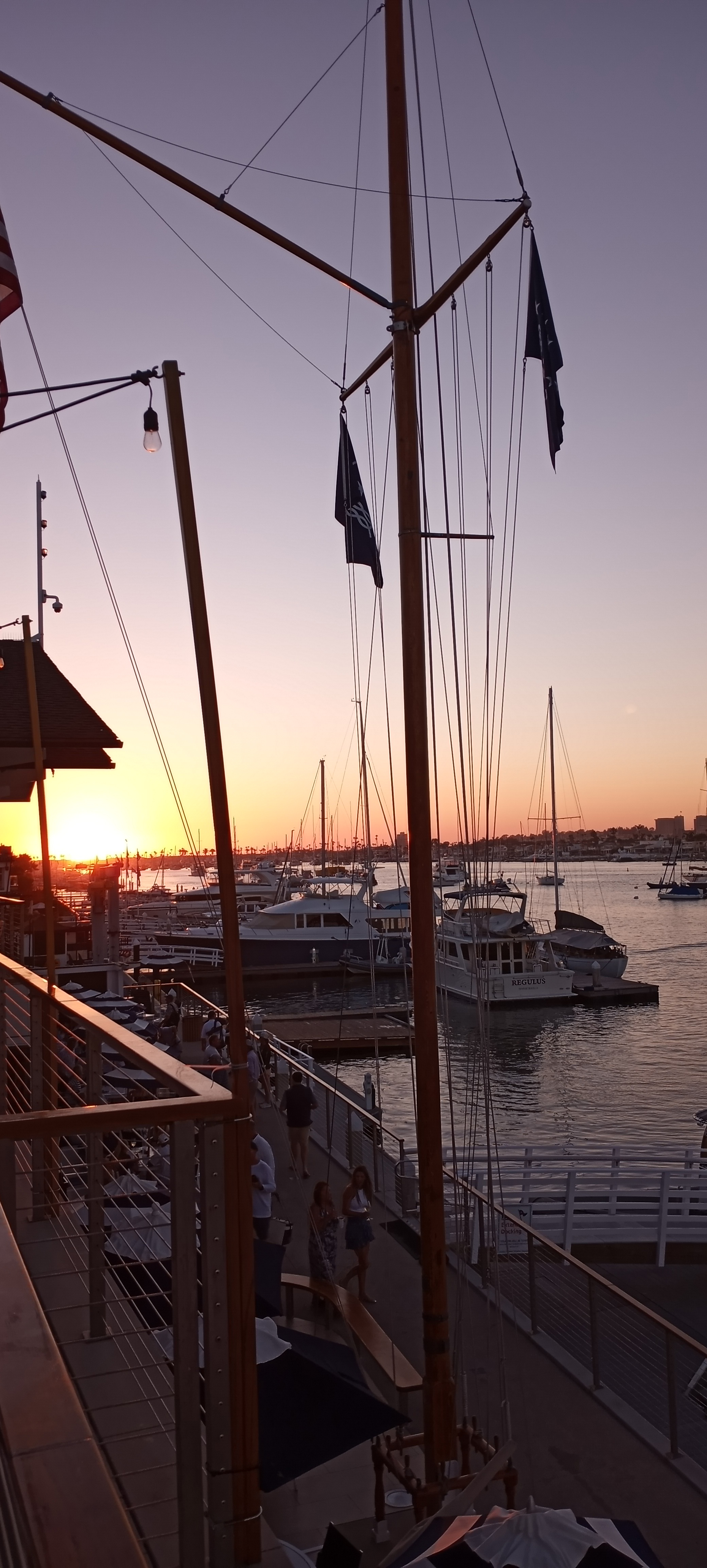 Sailboat masts and docked boats in a marina at sunset with an orange and purple sky.