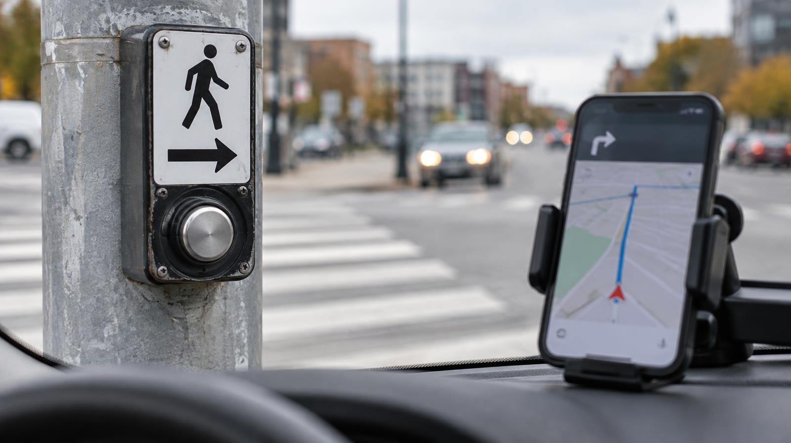A crosswalk push button on a pole next to a smartphone mounted on a car dashboard.