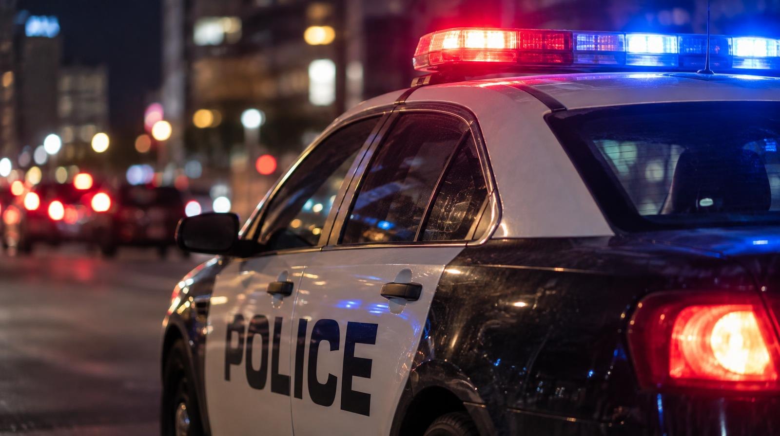 Police patrol car parked on a city street at night with red and blue lights on.