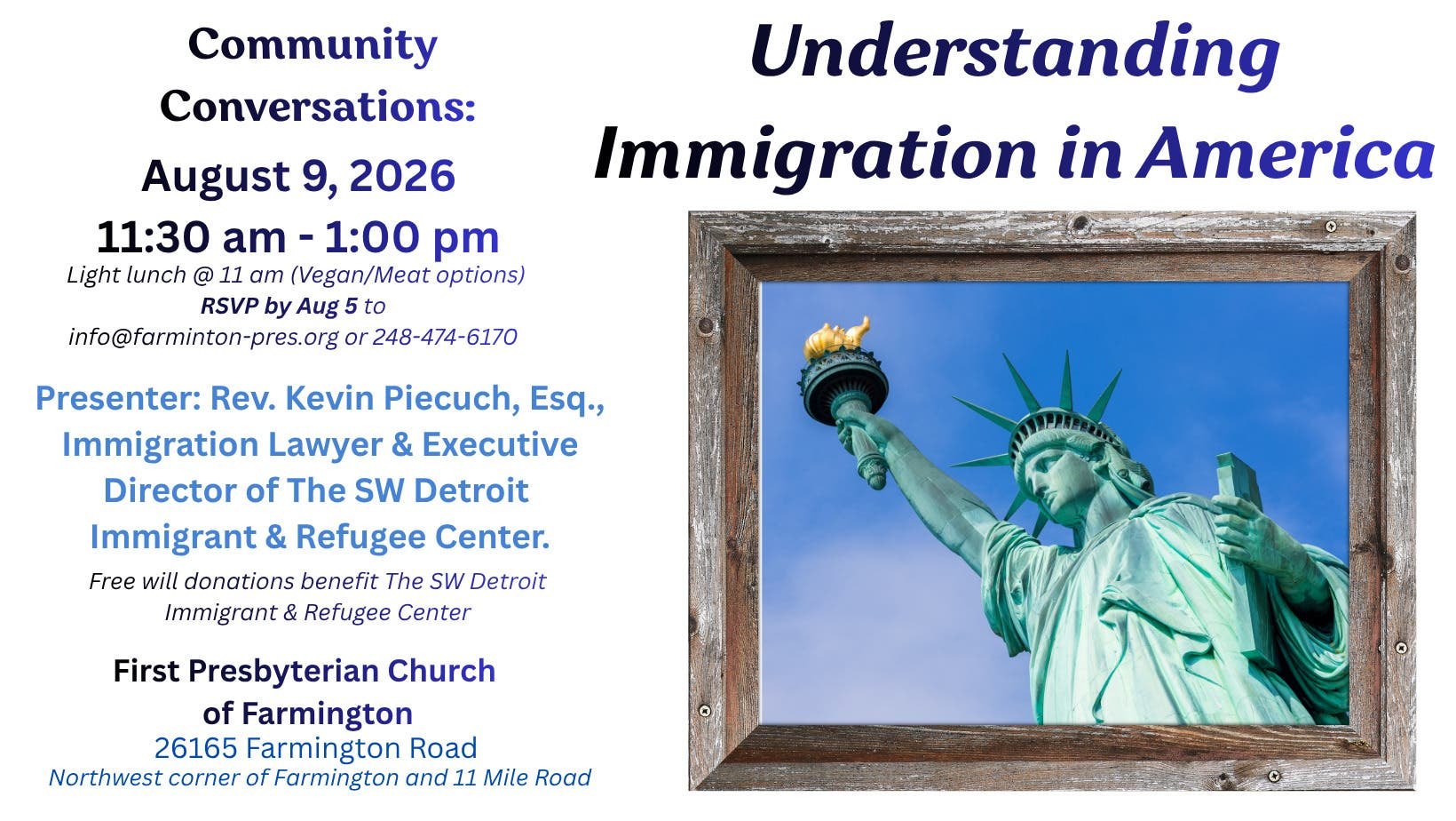 Event flyer for an immigration forum featuring the Statue of Liberty and event details.