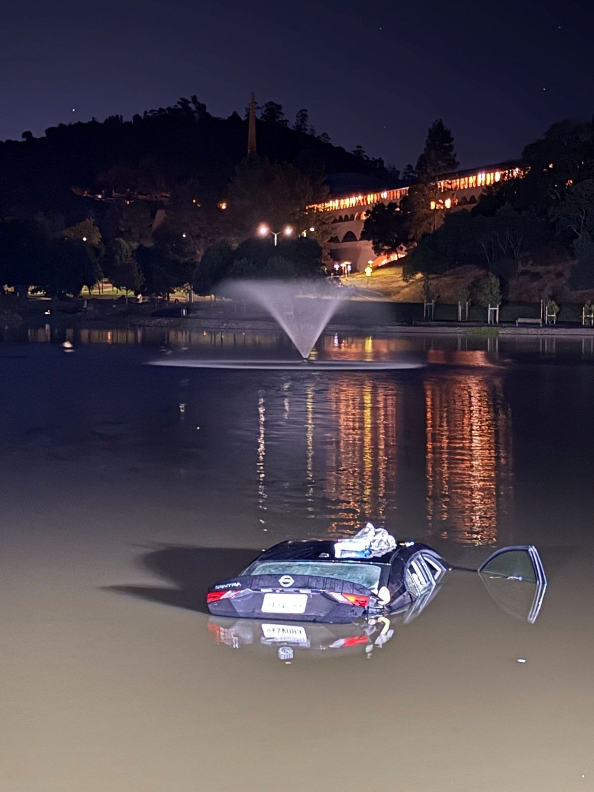 Dark sedan partially submerged in a lagoon at night, driver-side door open.