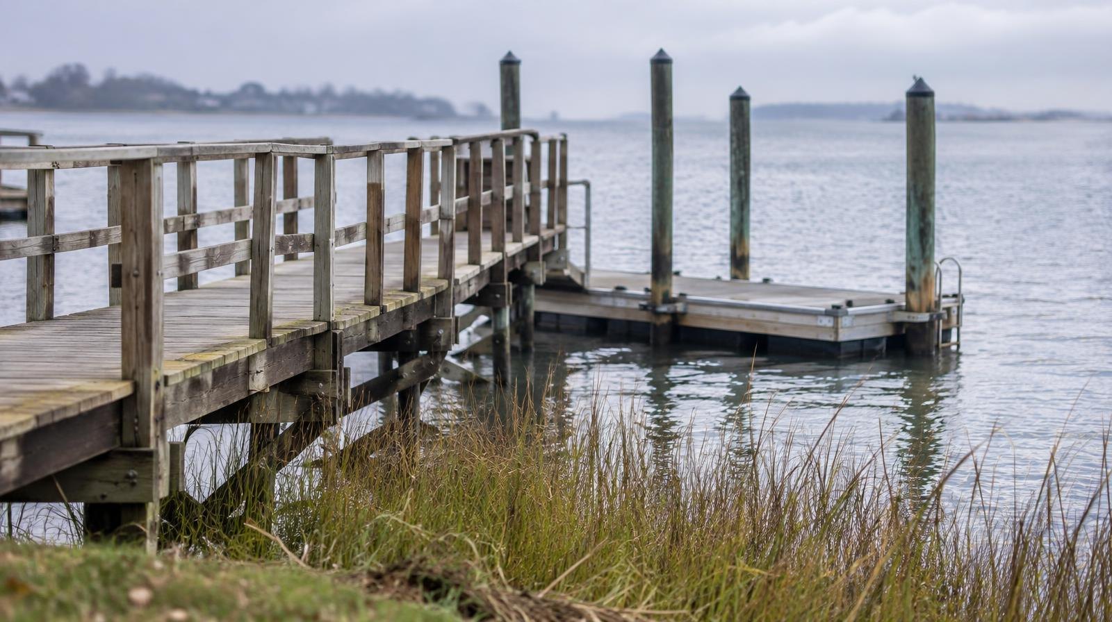 A wooden pier and floating dock extending from a grassy shoreline with tall marsh reeds into calm water.