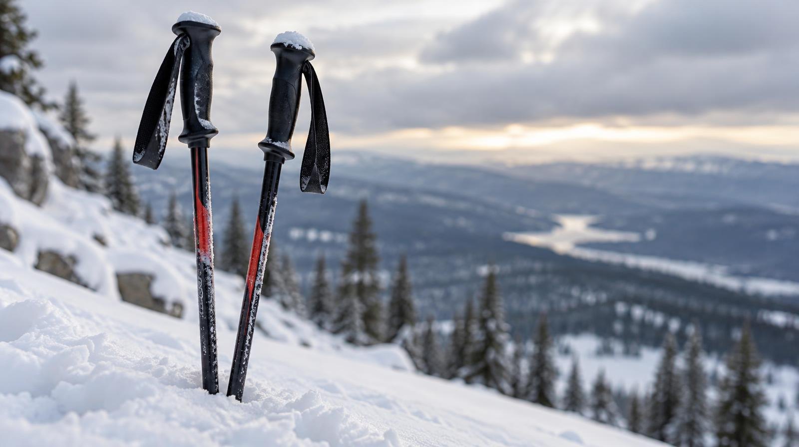 Two ski poles planted upright in fresh powder snow on a snowy slope.