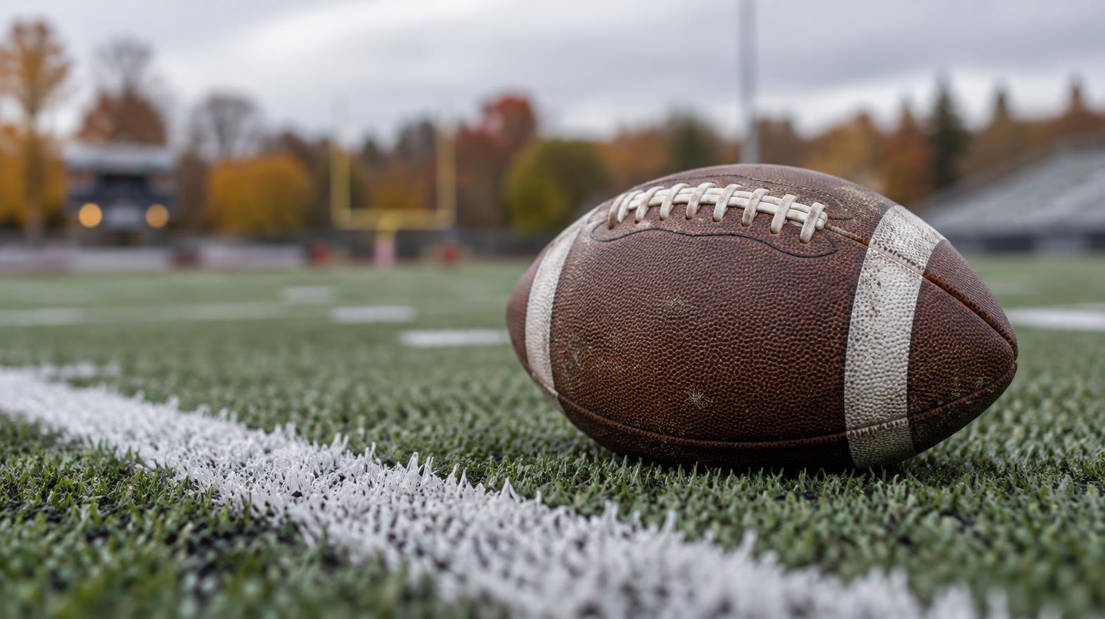 An American football resting on green artificial turf beside a white yard line.