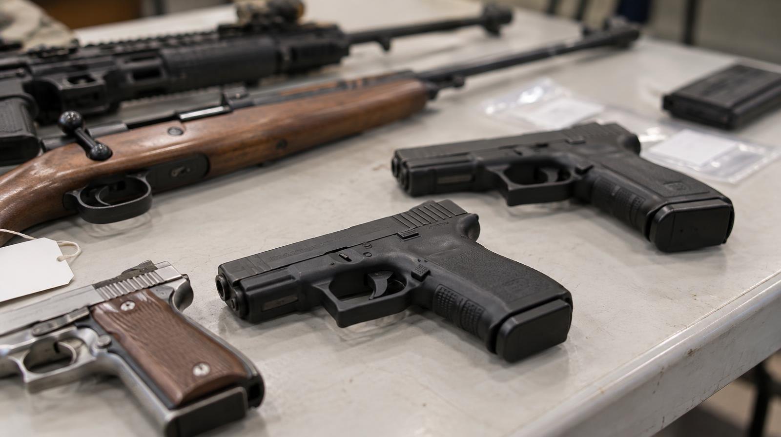 Several handguns and rifles laid flat on a table.