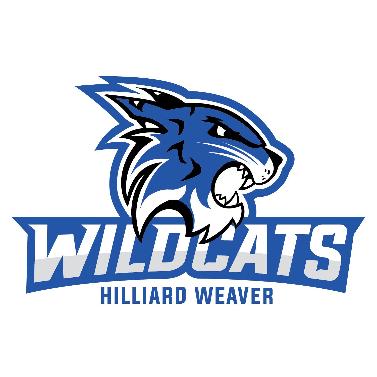 Blue and white wildcat mascot logo with the word Wildcats on a banner.