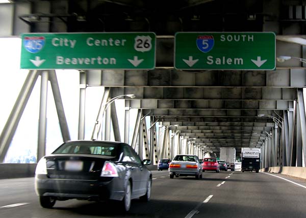 Interstate 5 south nearing its junction with Interstate 405 on the lower deck of the Marquam Bridge over the Willamette River in Portland, Oregon, USA.