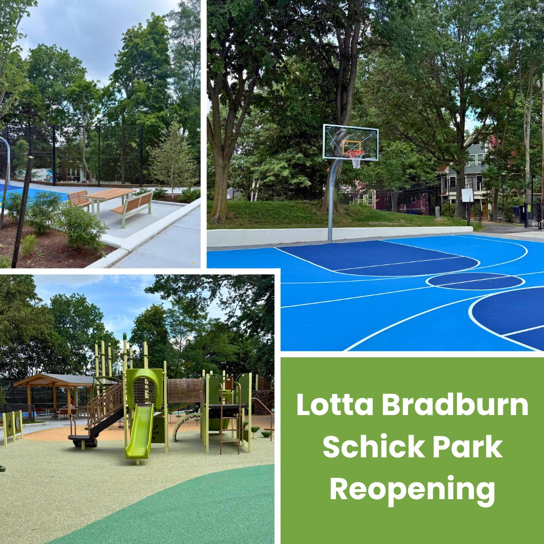 Collage of three photos showing a renovated park with basketball court, playground, and benches along pathways.