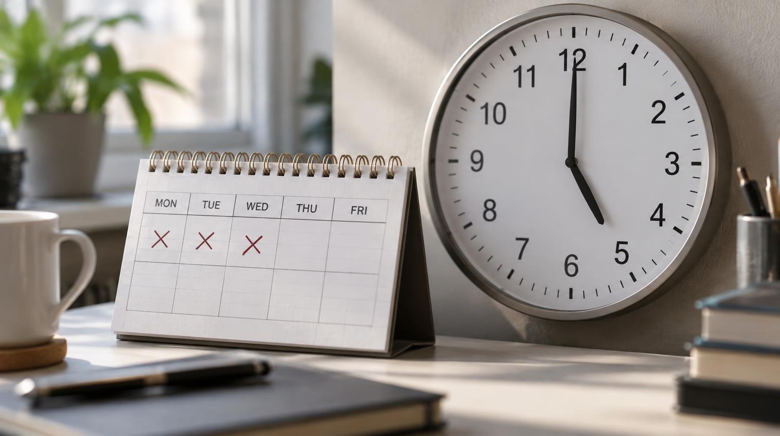 Wall clock and desk calendar with days crossed off on a wooden surface.