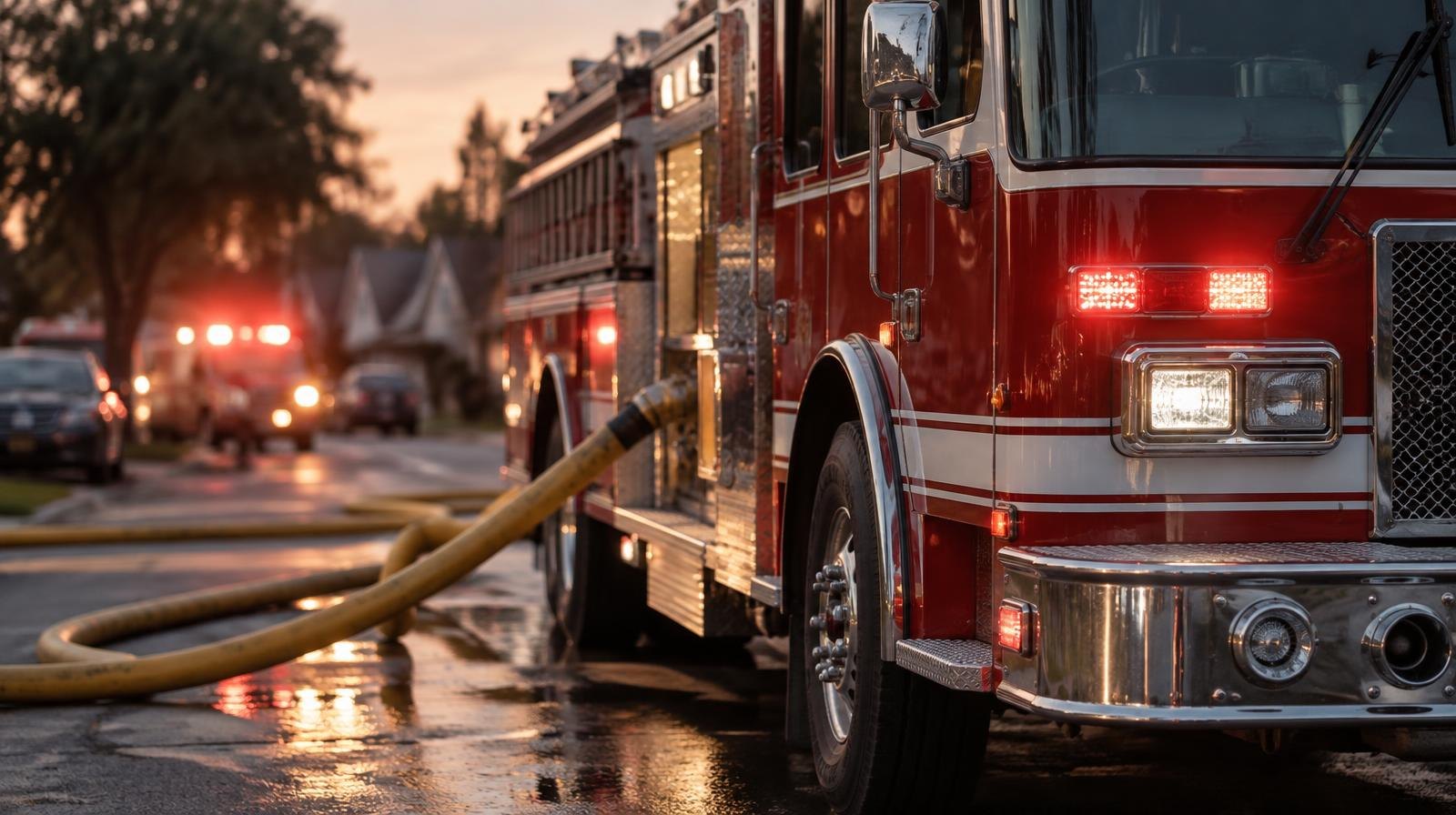 Red fire engine on a residential street at evening with emergency lights on.