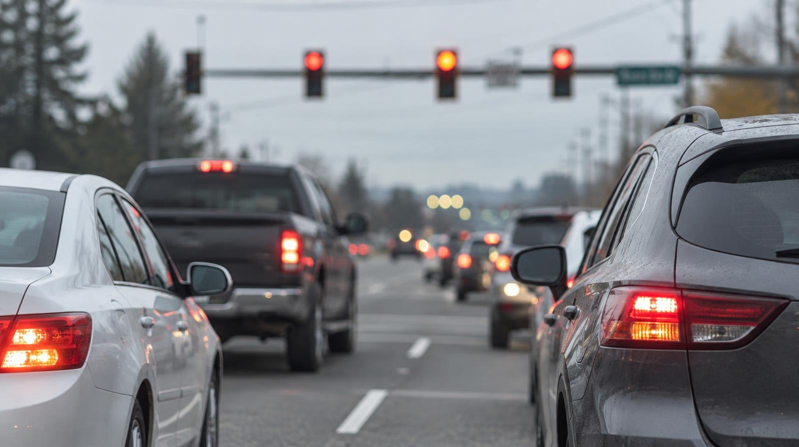 Multiple lanes of cars stopped at a red traffic signal at a suburban intersection.