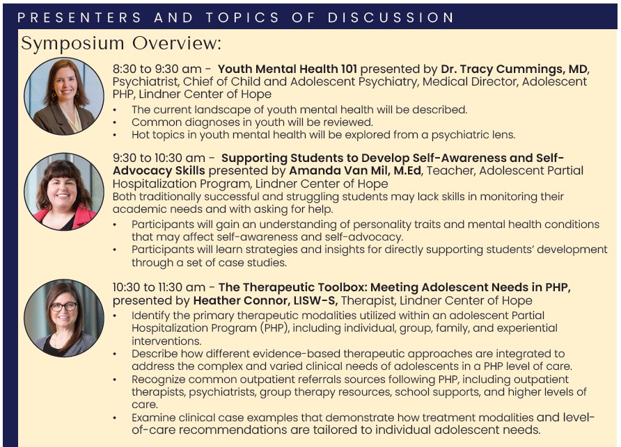 Symposium overview graphic listing three youth mental health presentations and their presenters.
