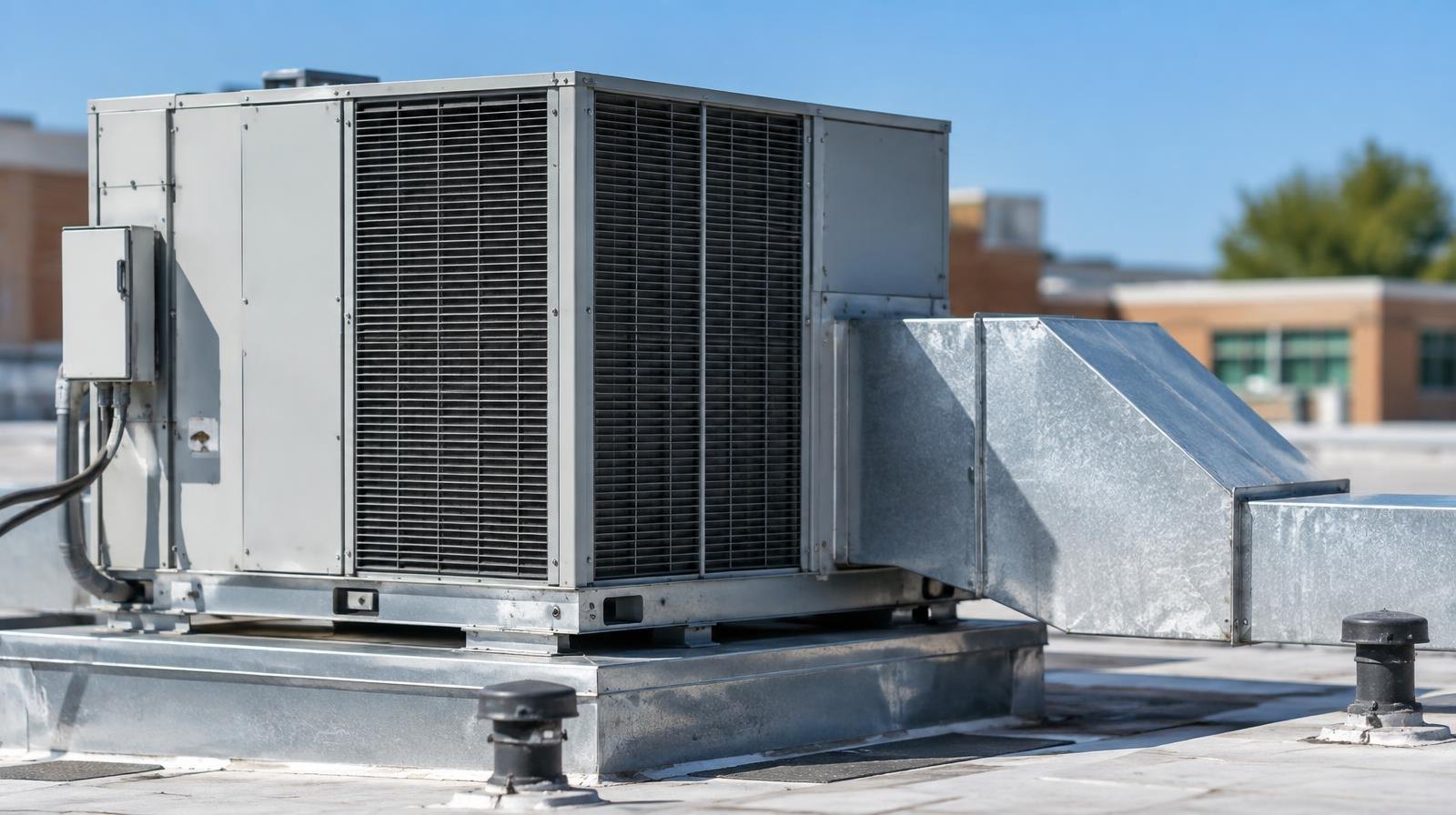 Large commercial HVAC rooftop unit with silver ductwork on a flat roof.