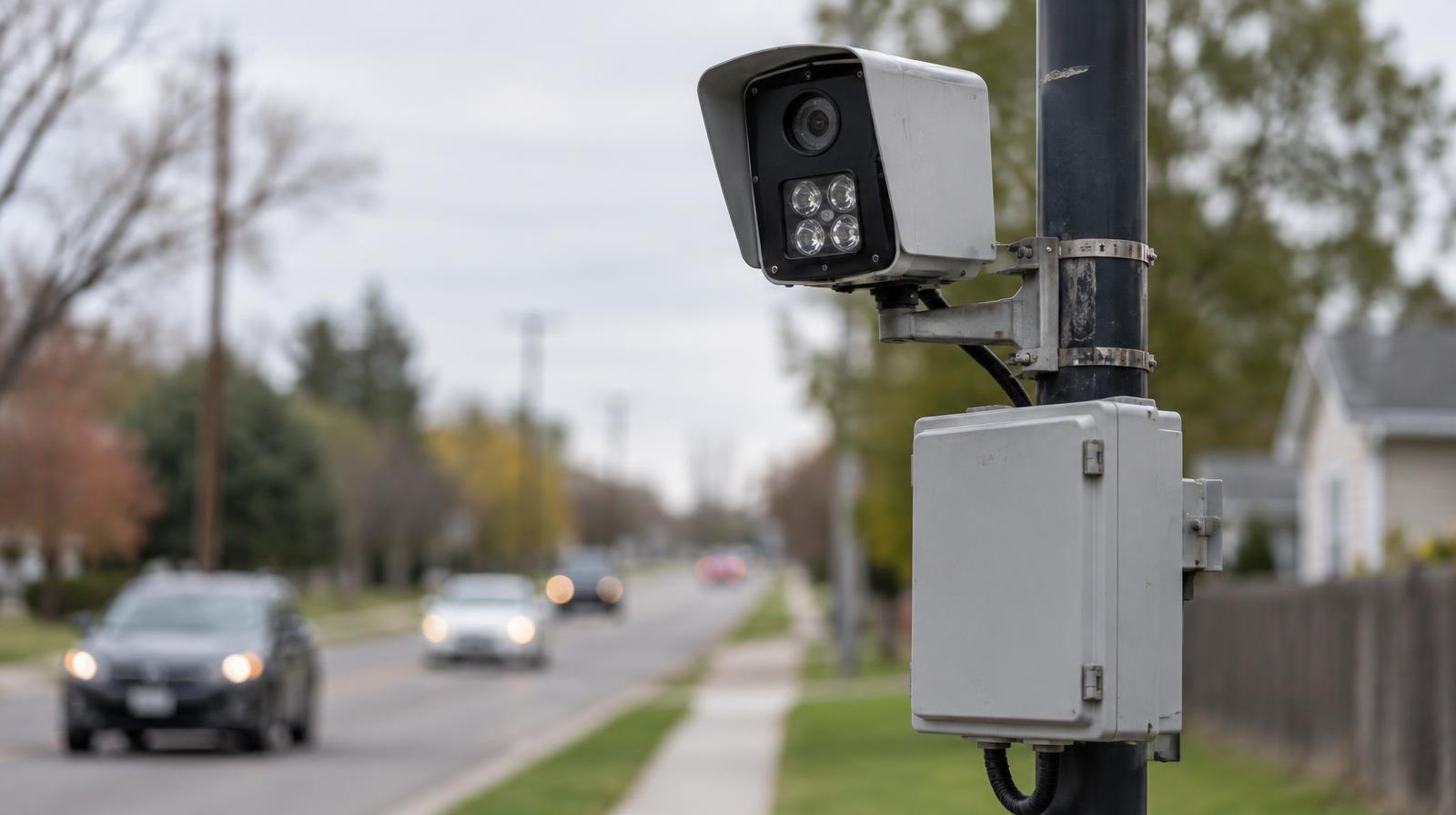 A pole-mounted license plate reader camera with an equipment box below it on a street.
