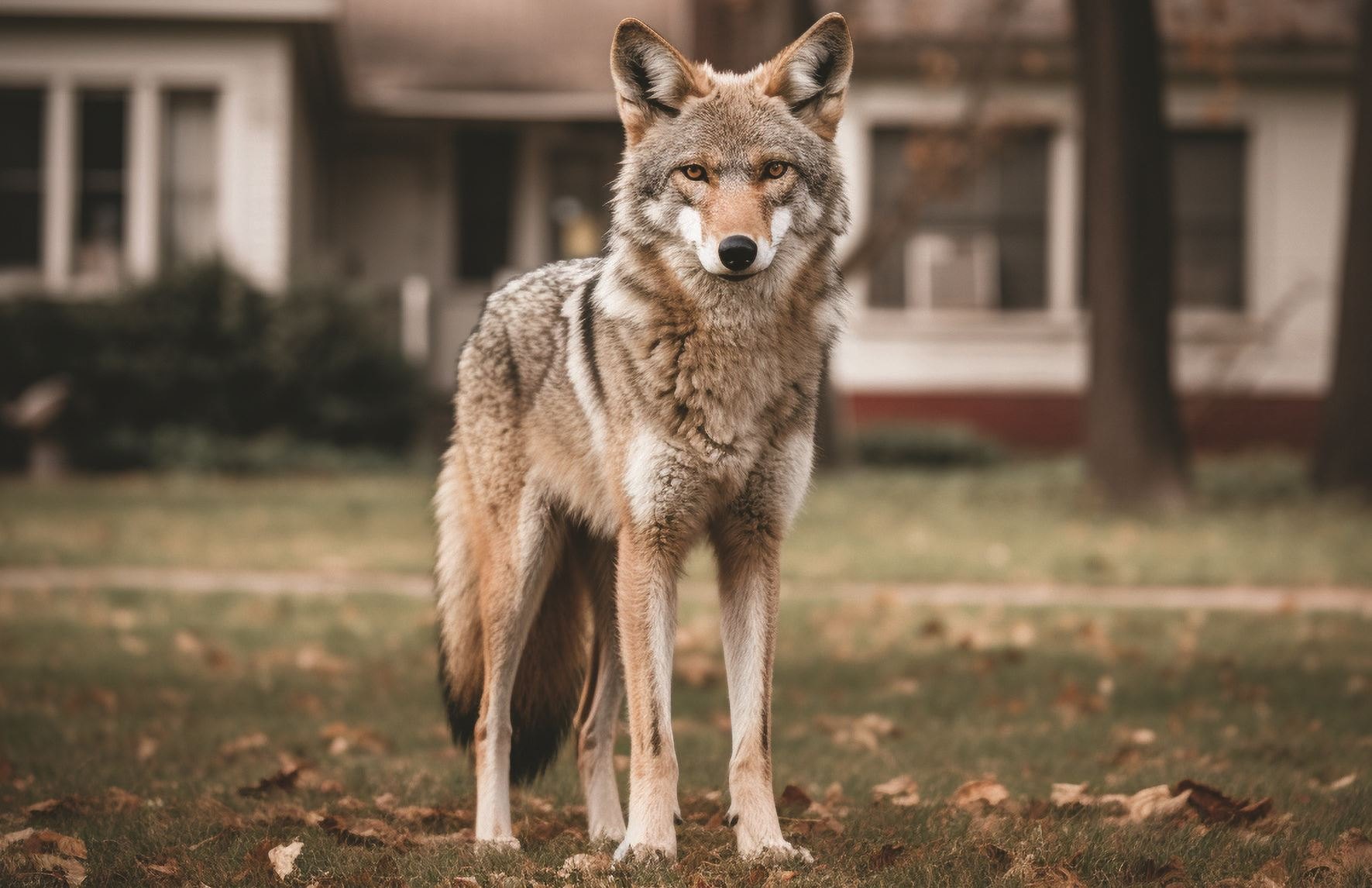 An adult coyote stands on a grass lawn in front of a house.