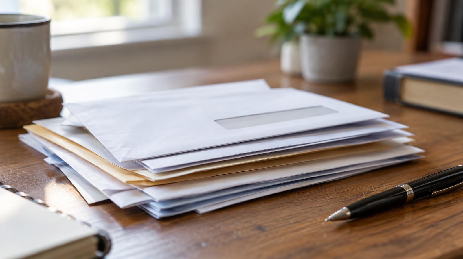 Stack of official envelopes and folded documents on a wooden desk beside a pen.