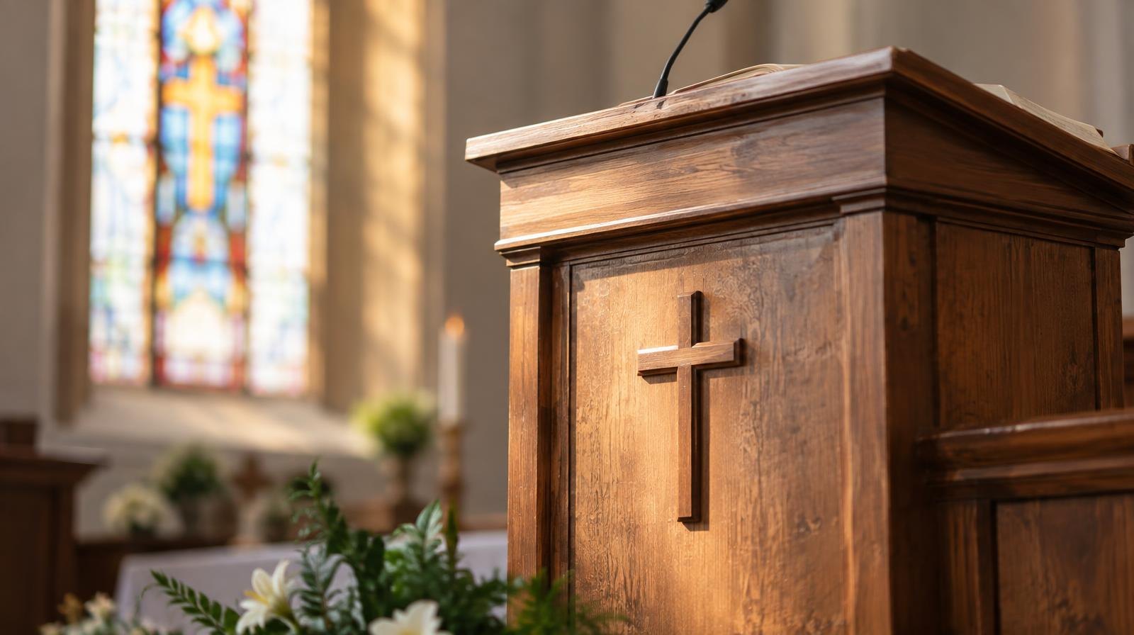 Wooden church lectern with a carved cross in warm natural light.