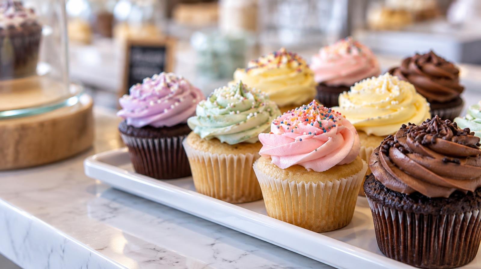 A tray of small cupcakes topped with swirled colorful frosting on a white counter.