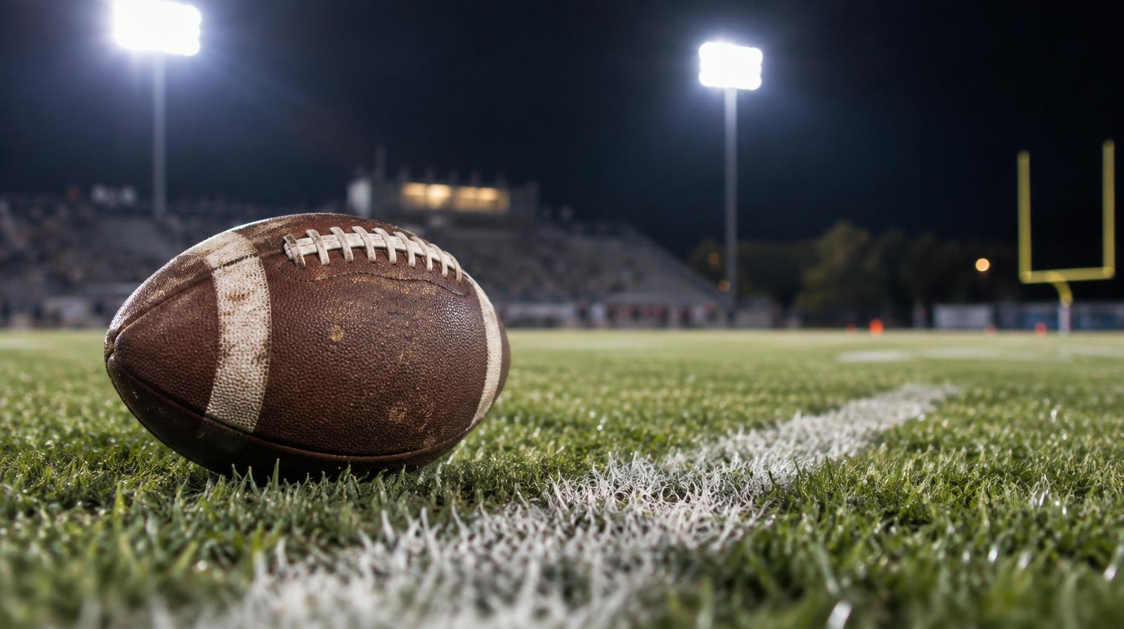 An American football on a grass field beside a white yard line under bright stadium lights at night.
